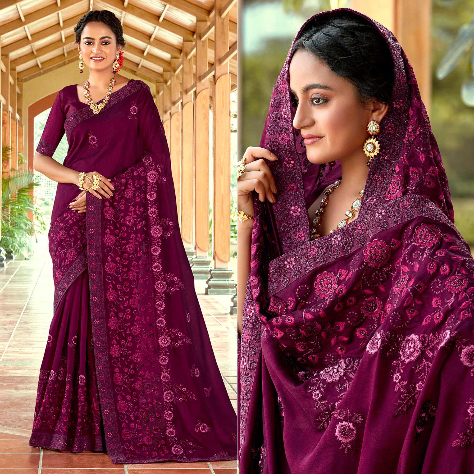 Wine Floral Embroidered Vichitra Silk Saree - Peachmode