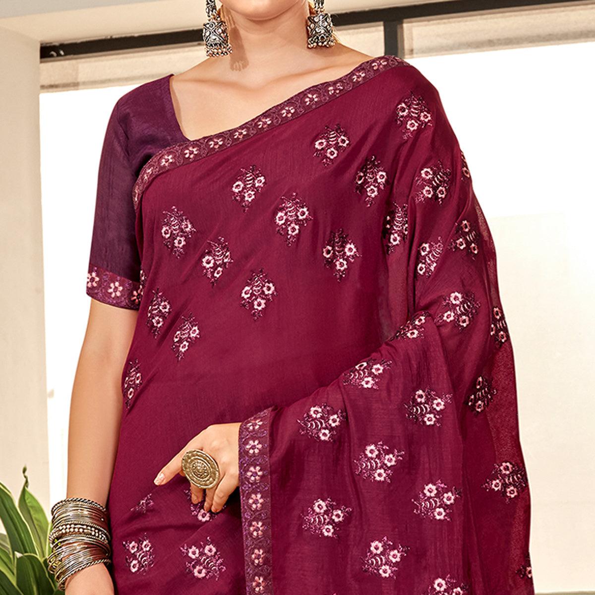 Wine Floral Embroidered Vichitra Silk Saree - Peachmode