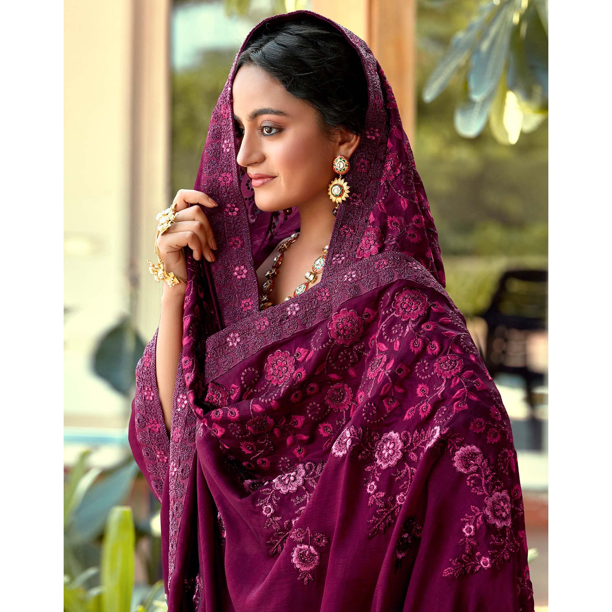 Wine Floral Embroidered Vichitra Silk Saree - Peachmode
