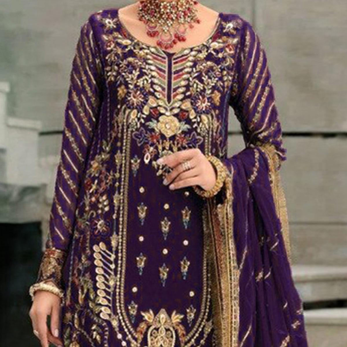 Wine Floral Embroidered With Sequence Georgette Pakistani Suit - Peachmode