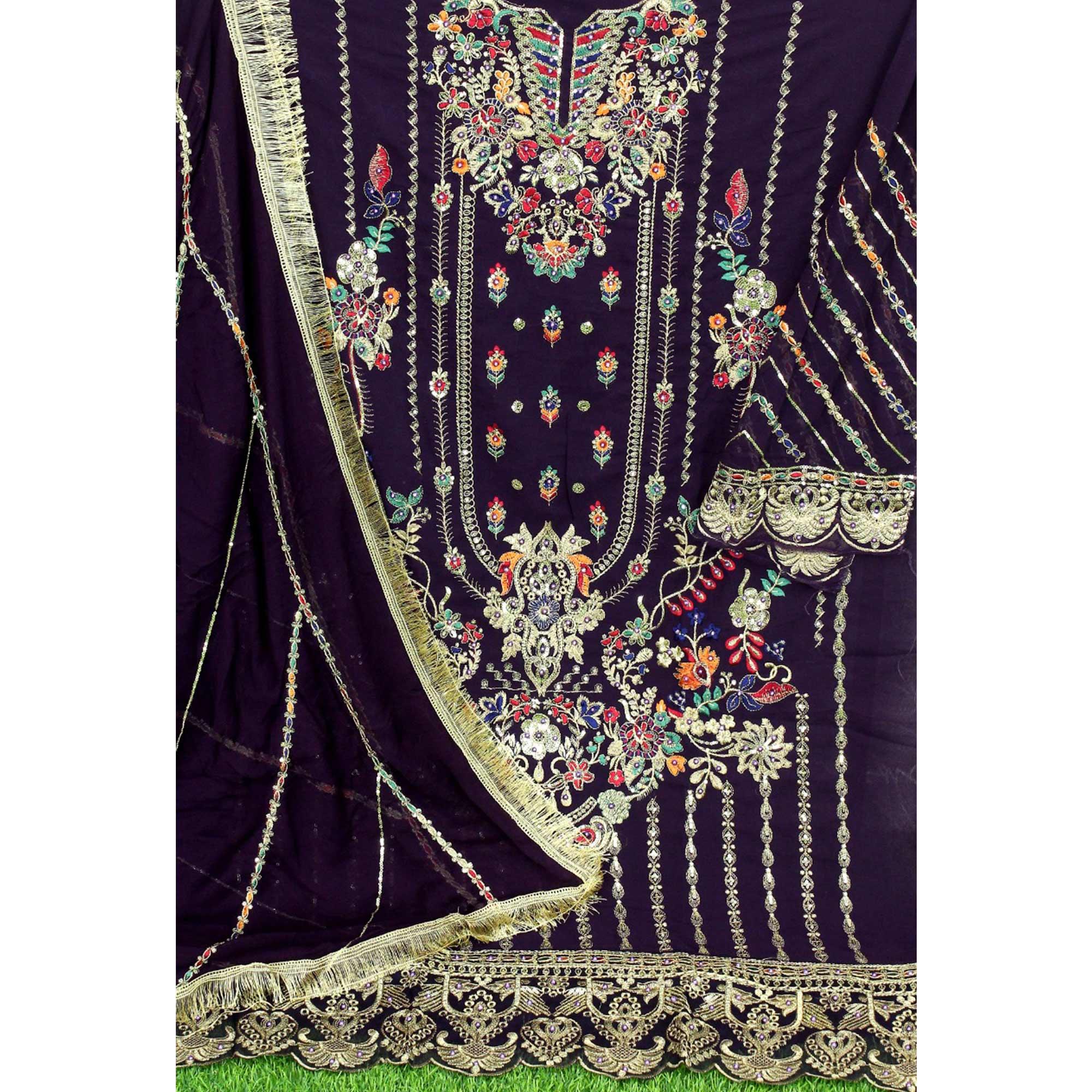 Wine Floral Embroidered With Sequence Georgette Pakistani Suit - Peachmode