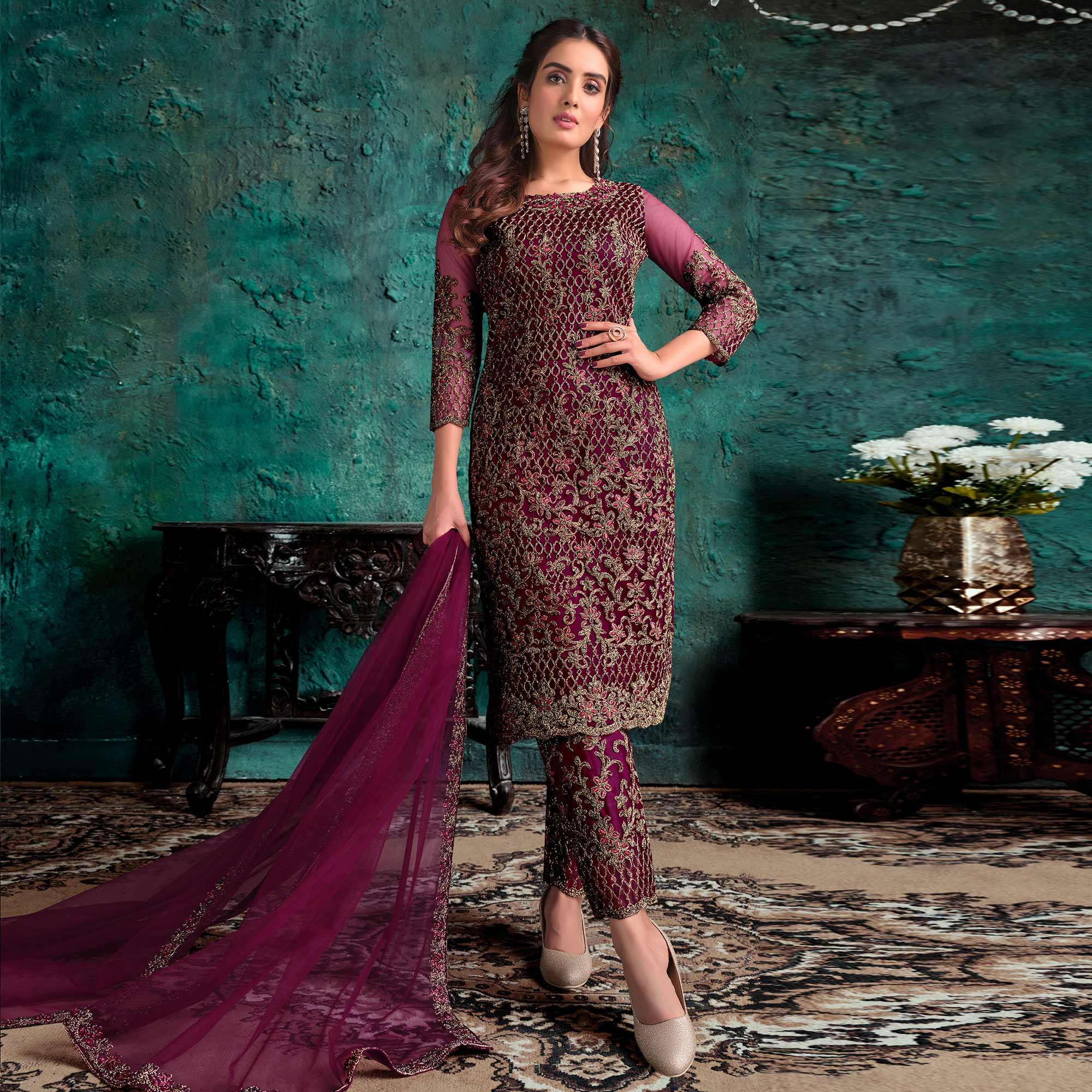 Wine Floral Embroidered Work Net Pakistani Suit - Peachmode