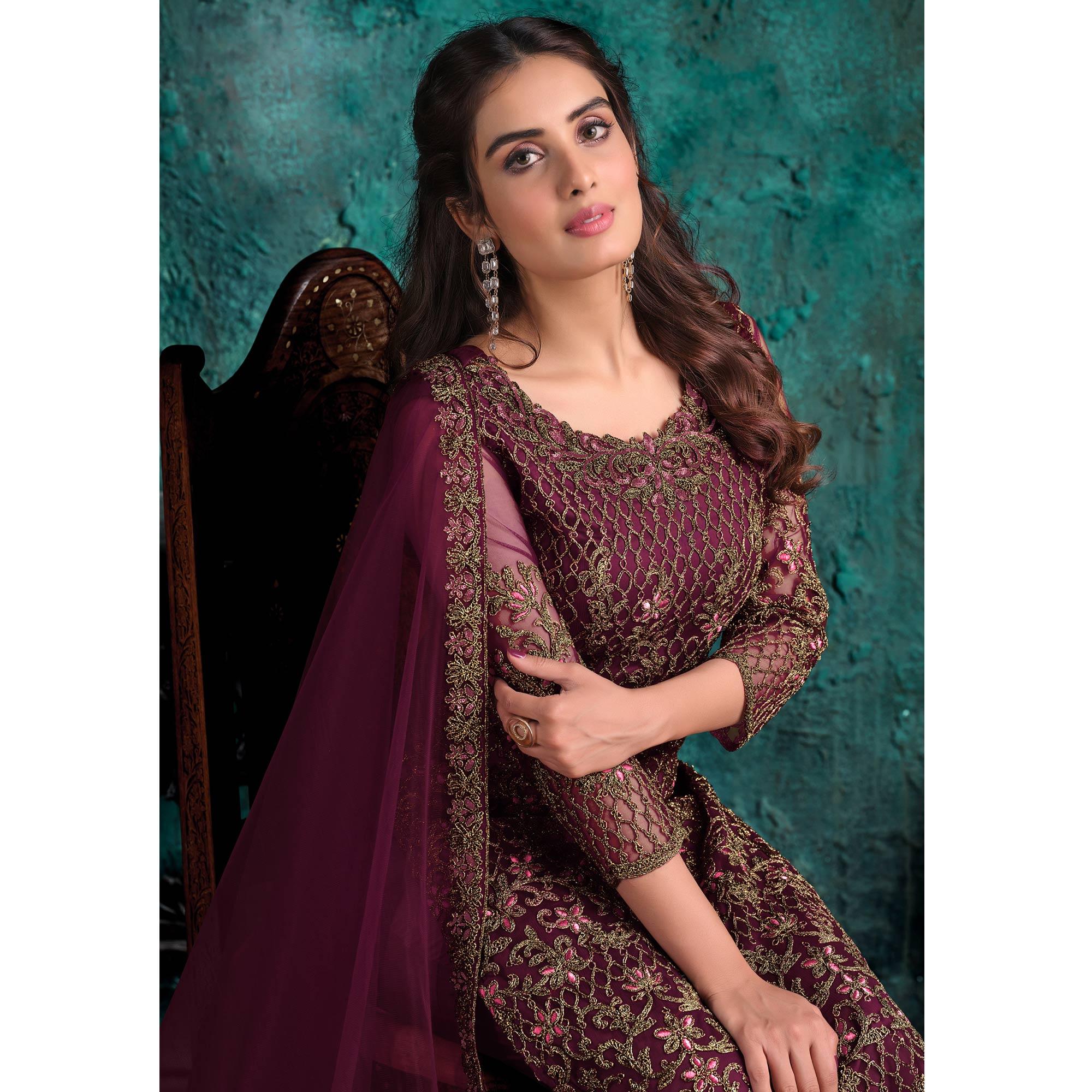 Wine Floral Embroidered Work Net Pakistani Suit - Peachmode