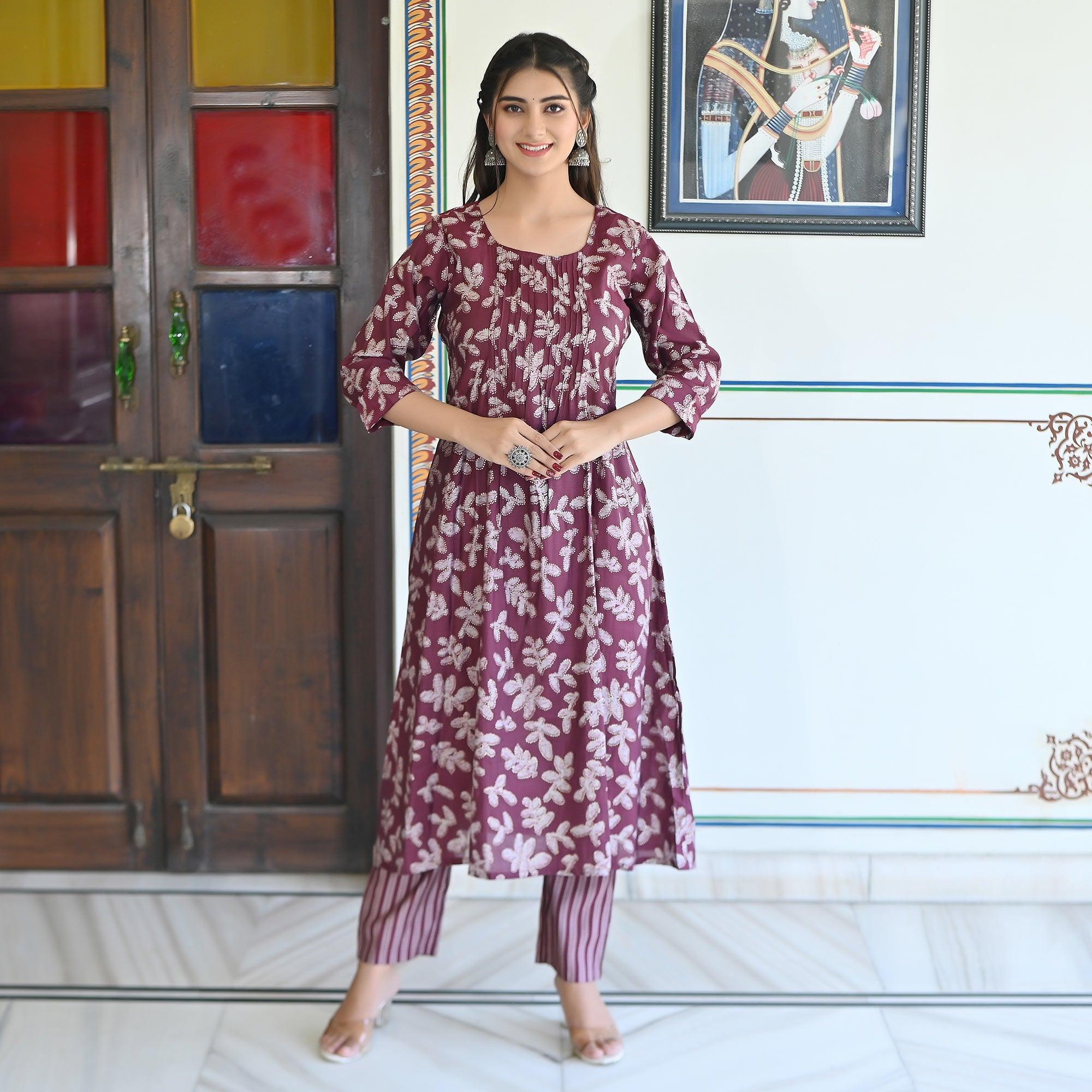 Wine Floral Foil Printed Modal Kurti Pant Set - Peachmode