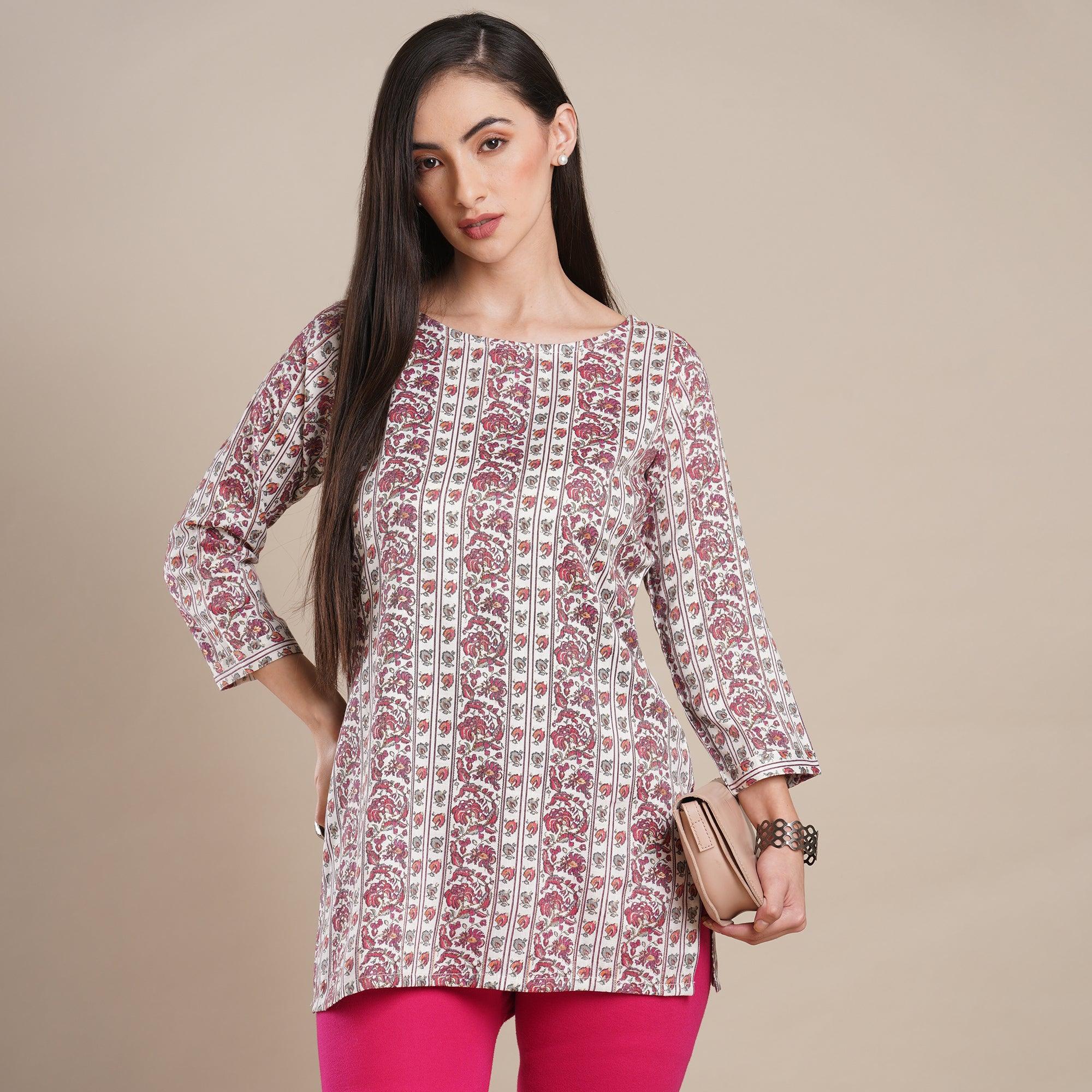 Wine Floral Foil Printed Rayon Top - Peachmode