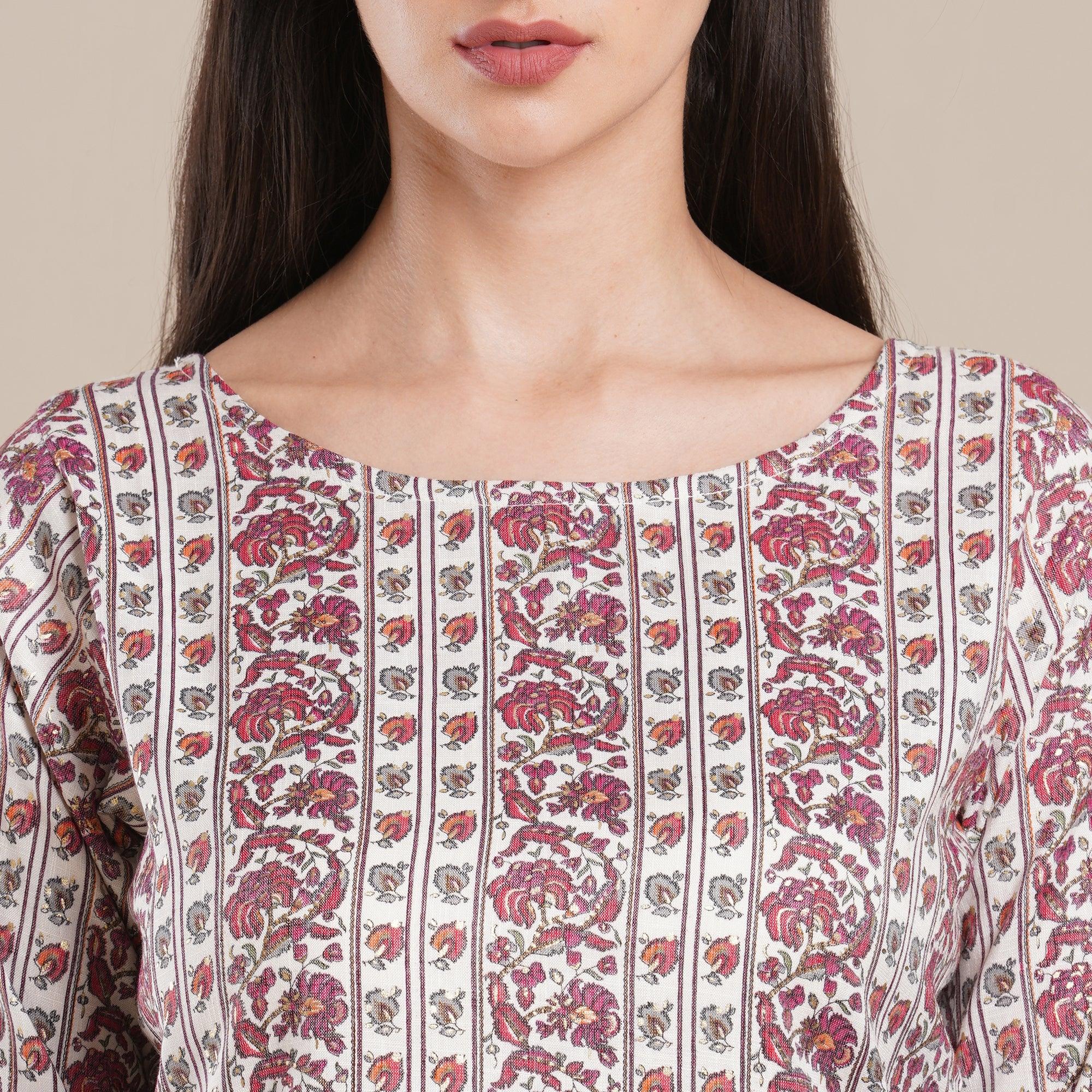 Wine Floral Foil Printed Rayon Top - Peachmode