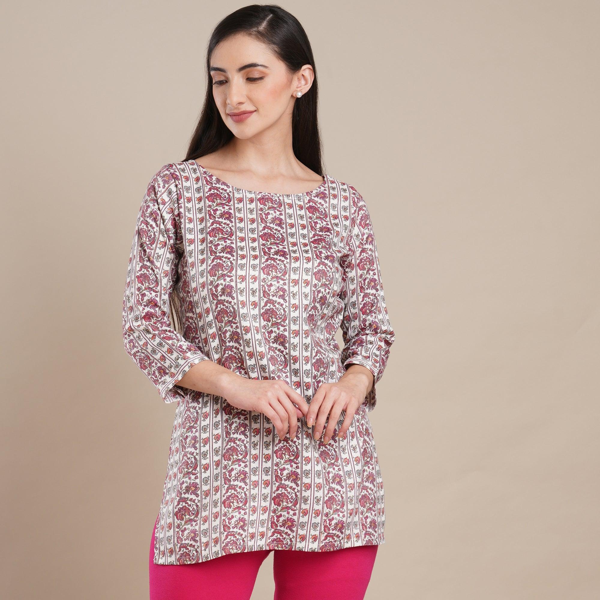 Wine Floral Foil Printed Rayon Top - Peachmode