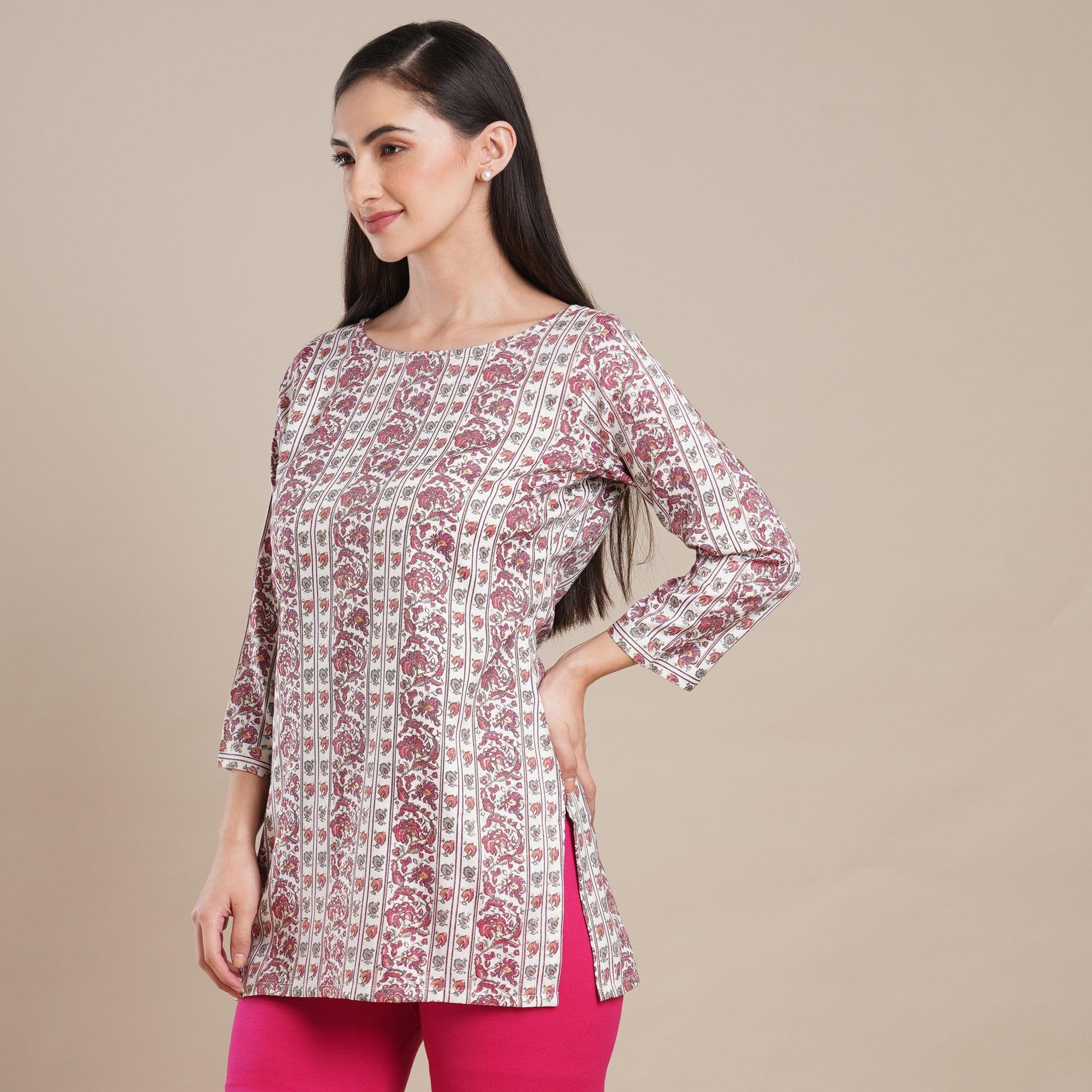 Wine Floral Foil Printed Rayon Top - Peachmode