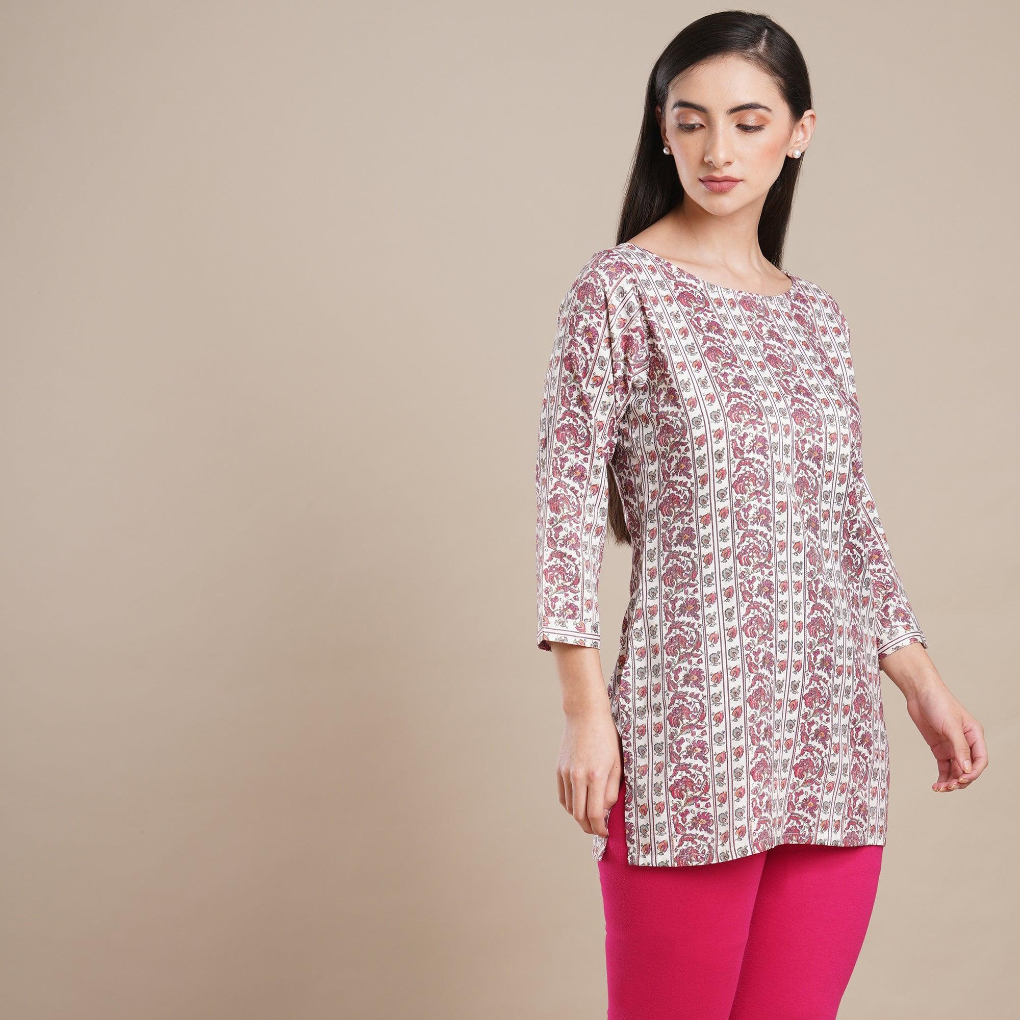 Wine Floral Foil Printed Rayon Top - Peachmode