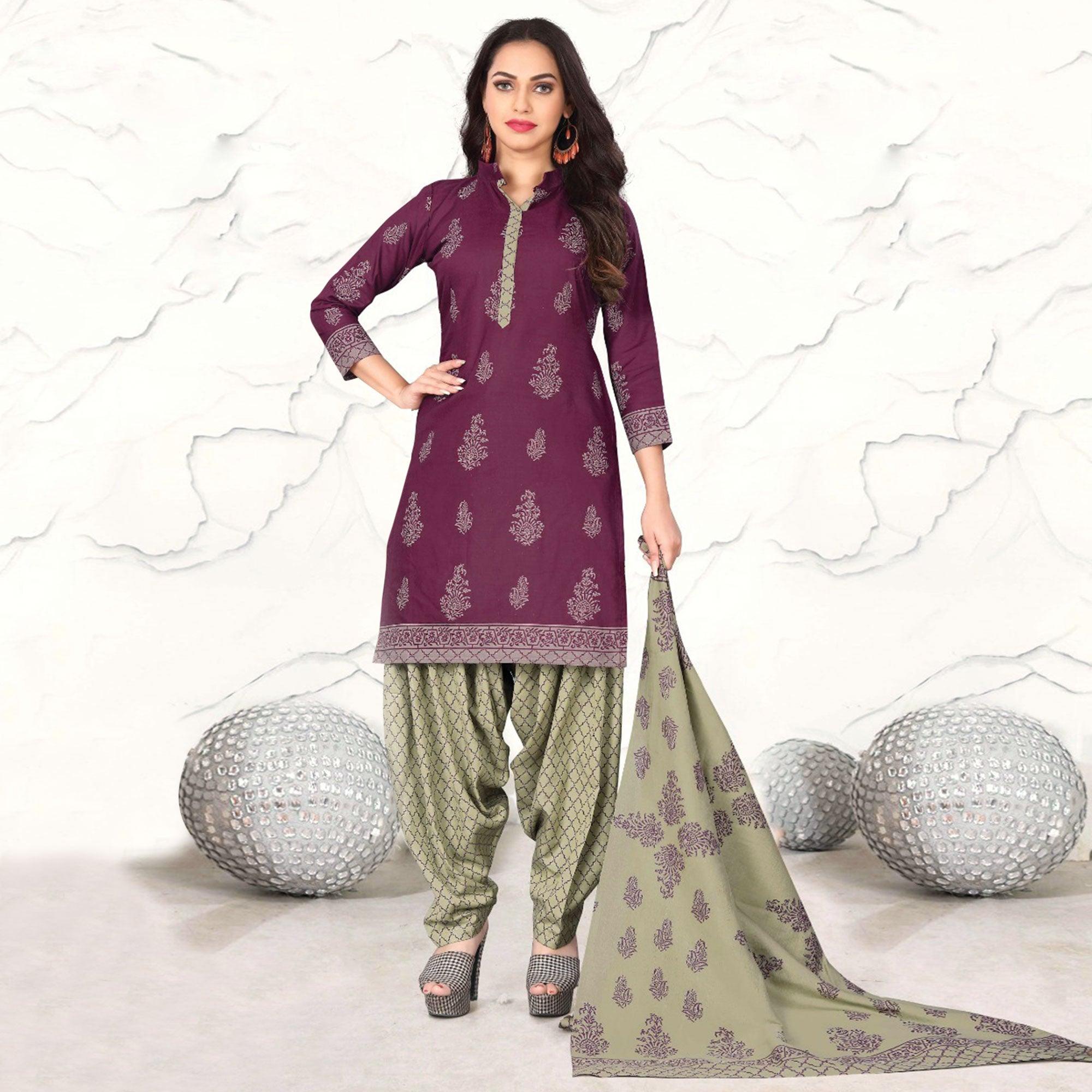 Wine Floral Printed Cotton Blend Dress Material - Peachmode