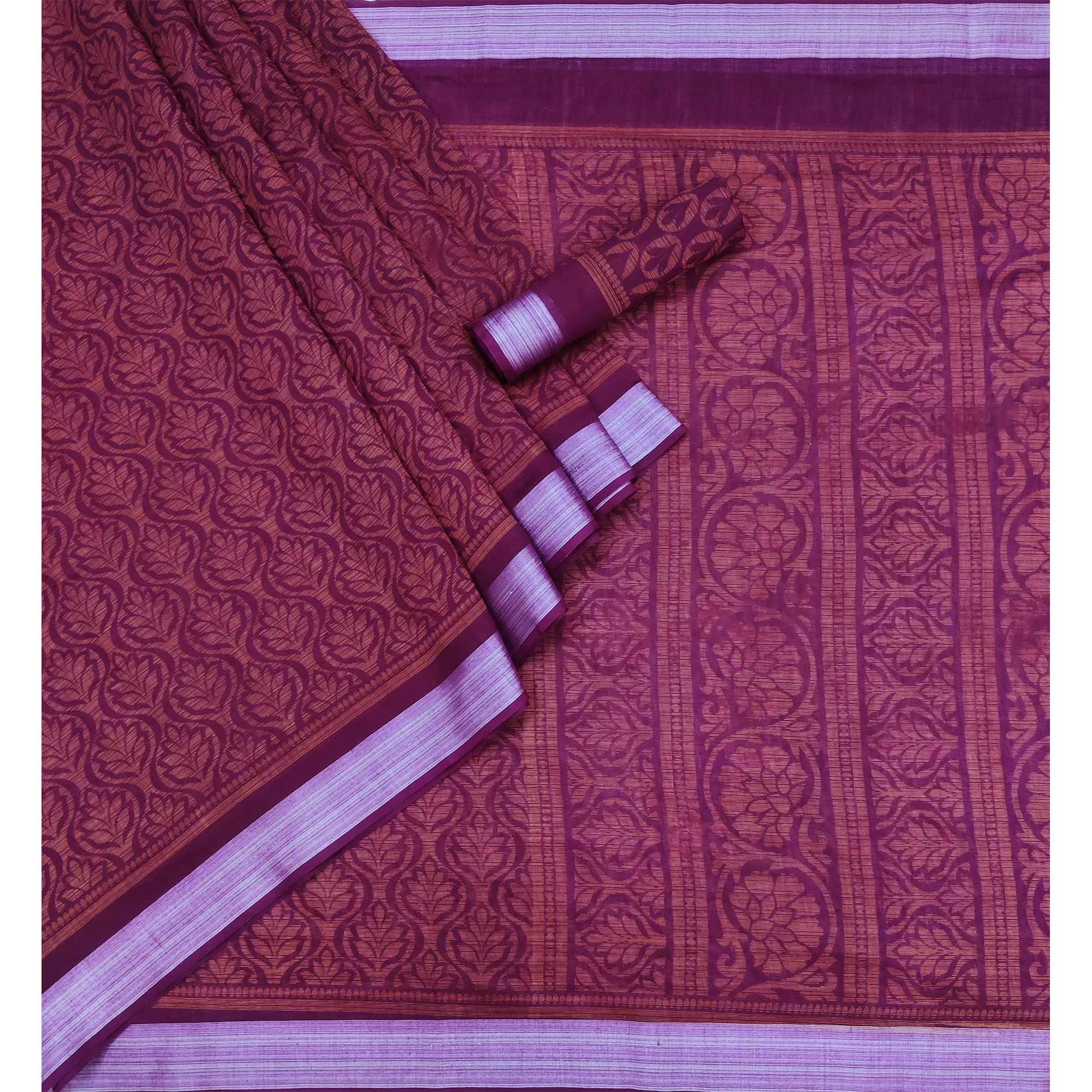 Wine Floral Printed Linen Saree - Peachmode