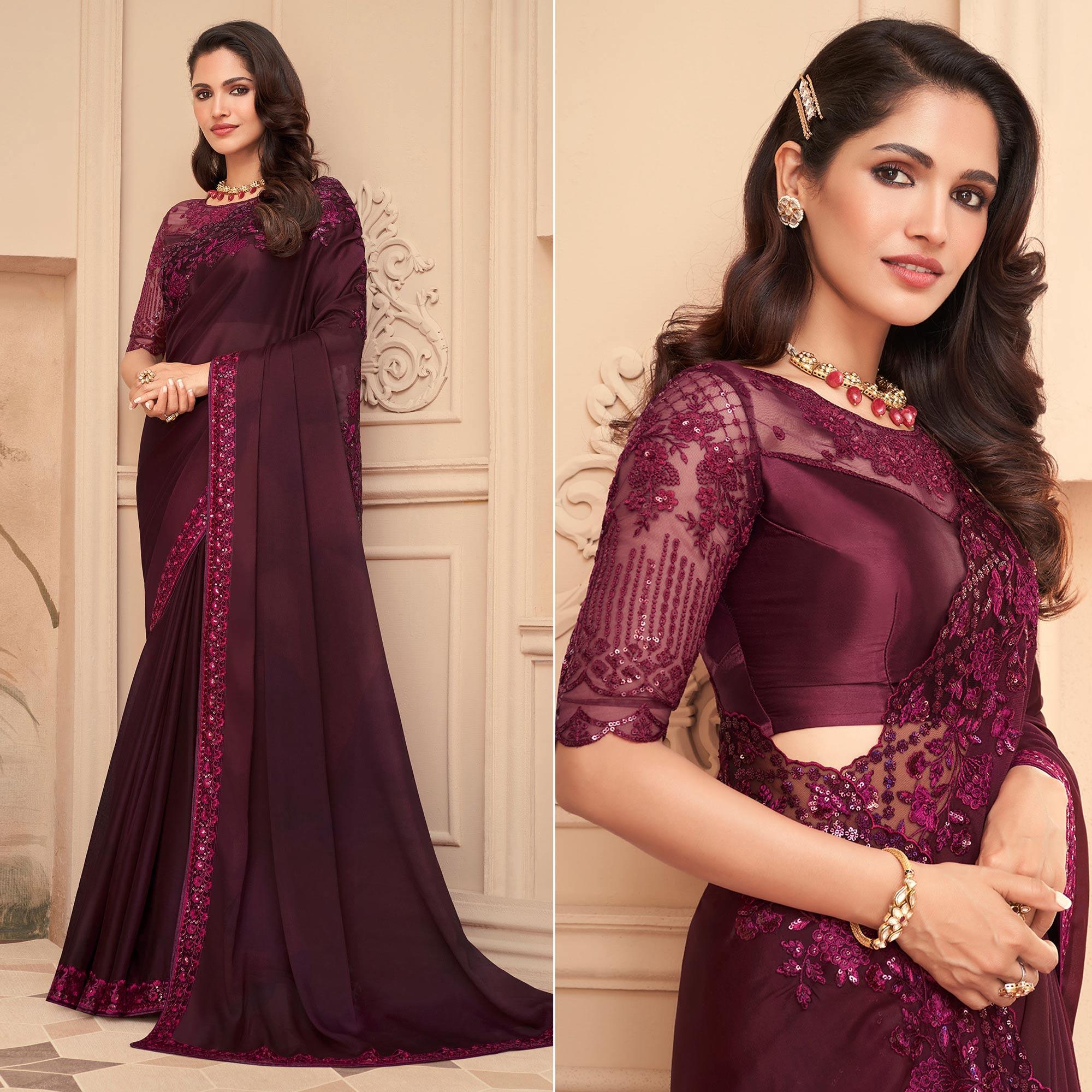Wine Floral Sequence Embroidered Art Silk Saree - Peachmode