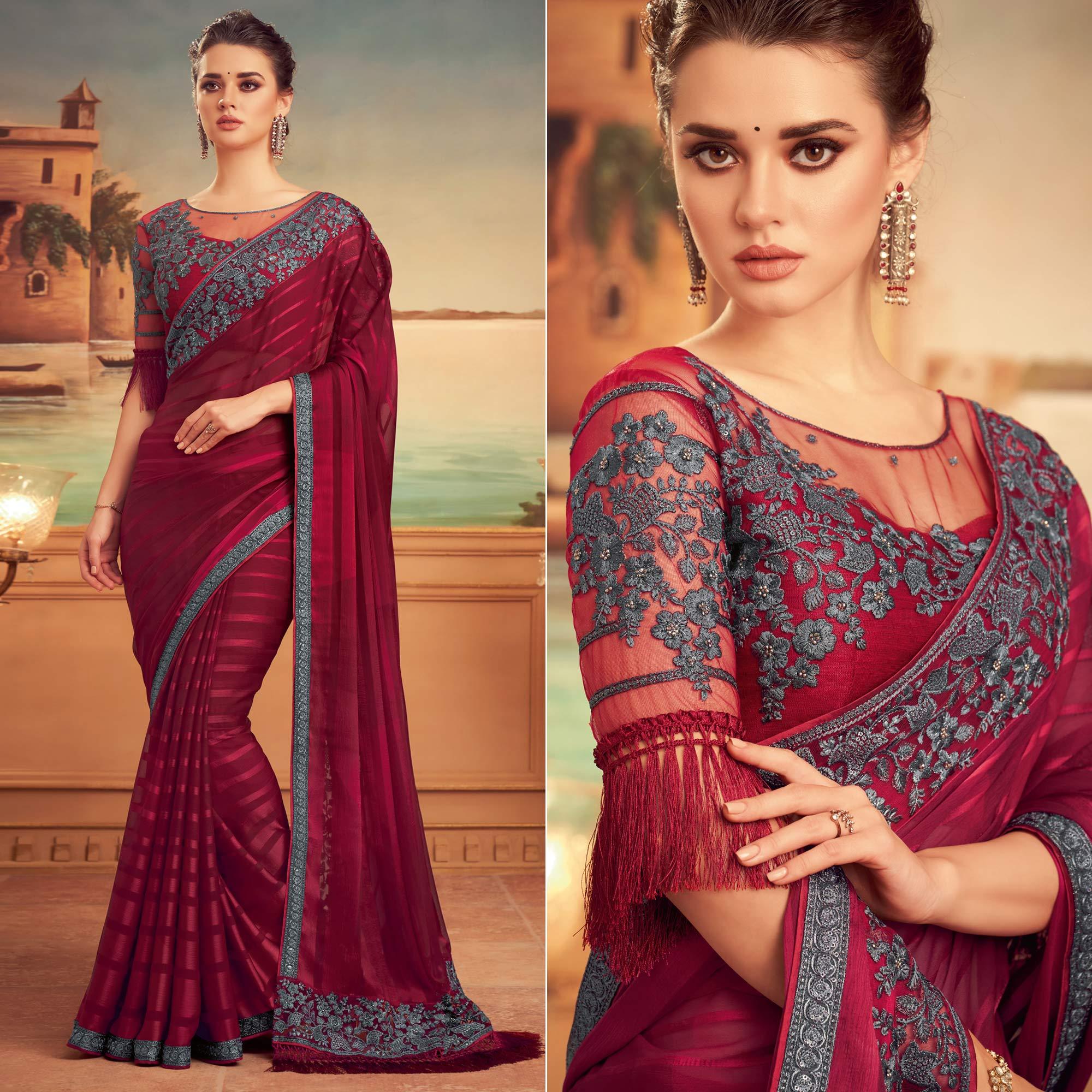 Wine Floral Sequence Embroidered Art Silk Saree - Peachmode