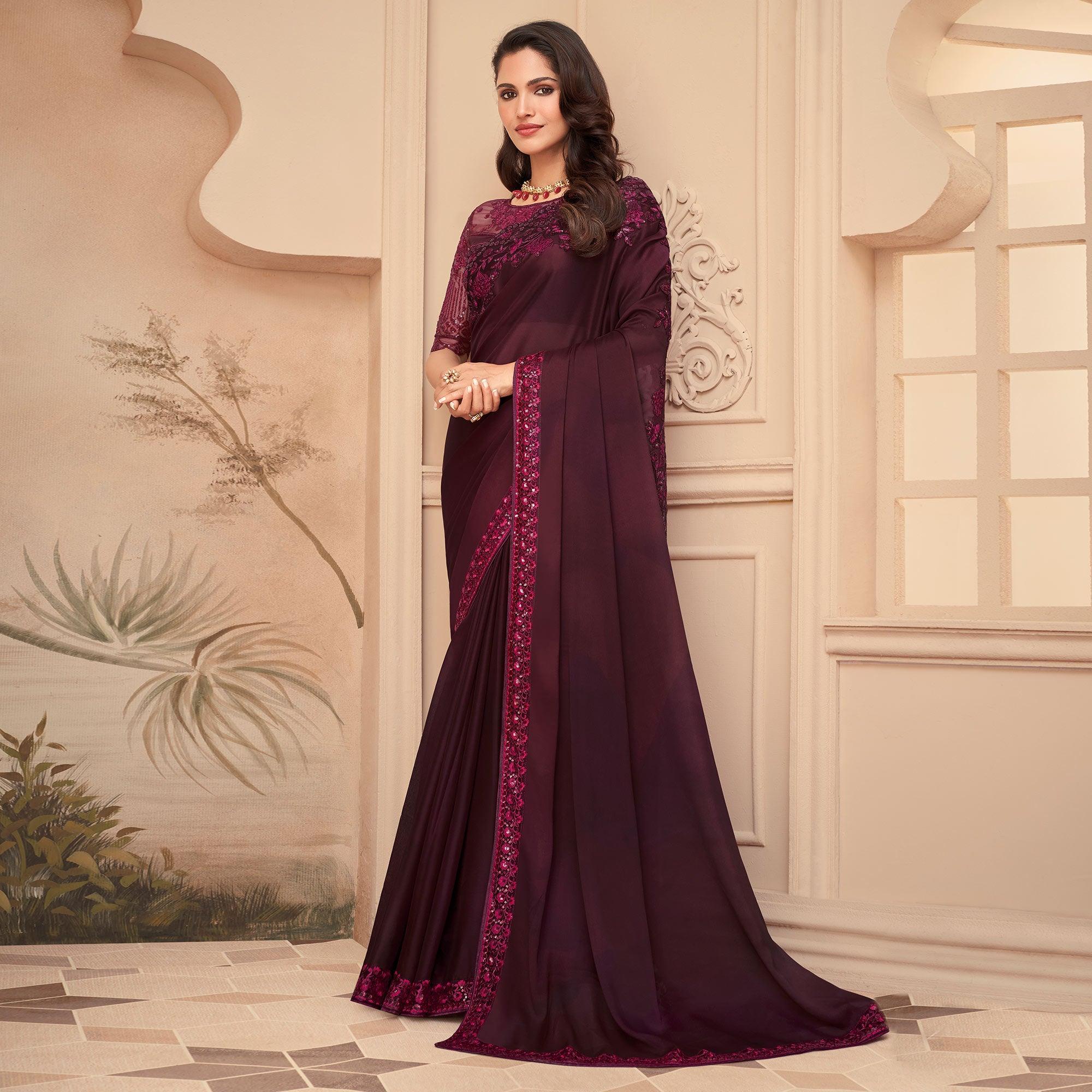 Wine Floral Sequence Embroidered Art Silk Saree - Peachmode