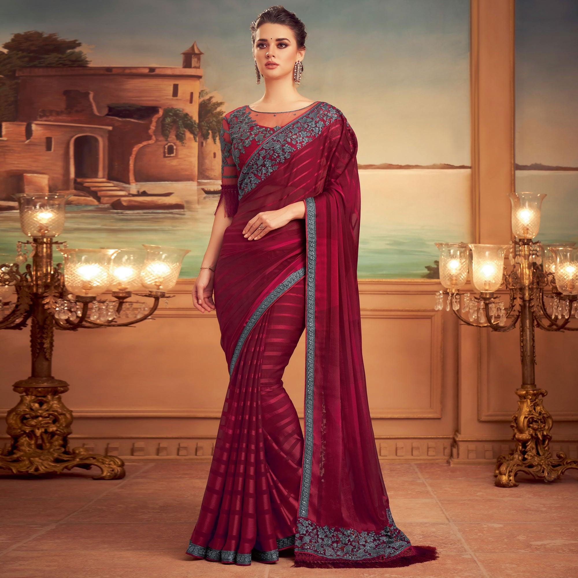 Wine Floral Sequence Embroidered Art Silk Saree - Peachmode