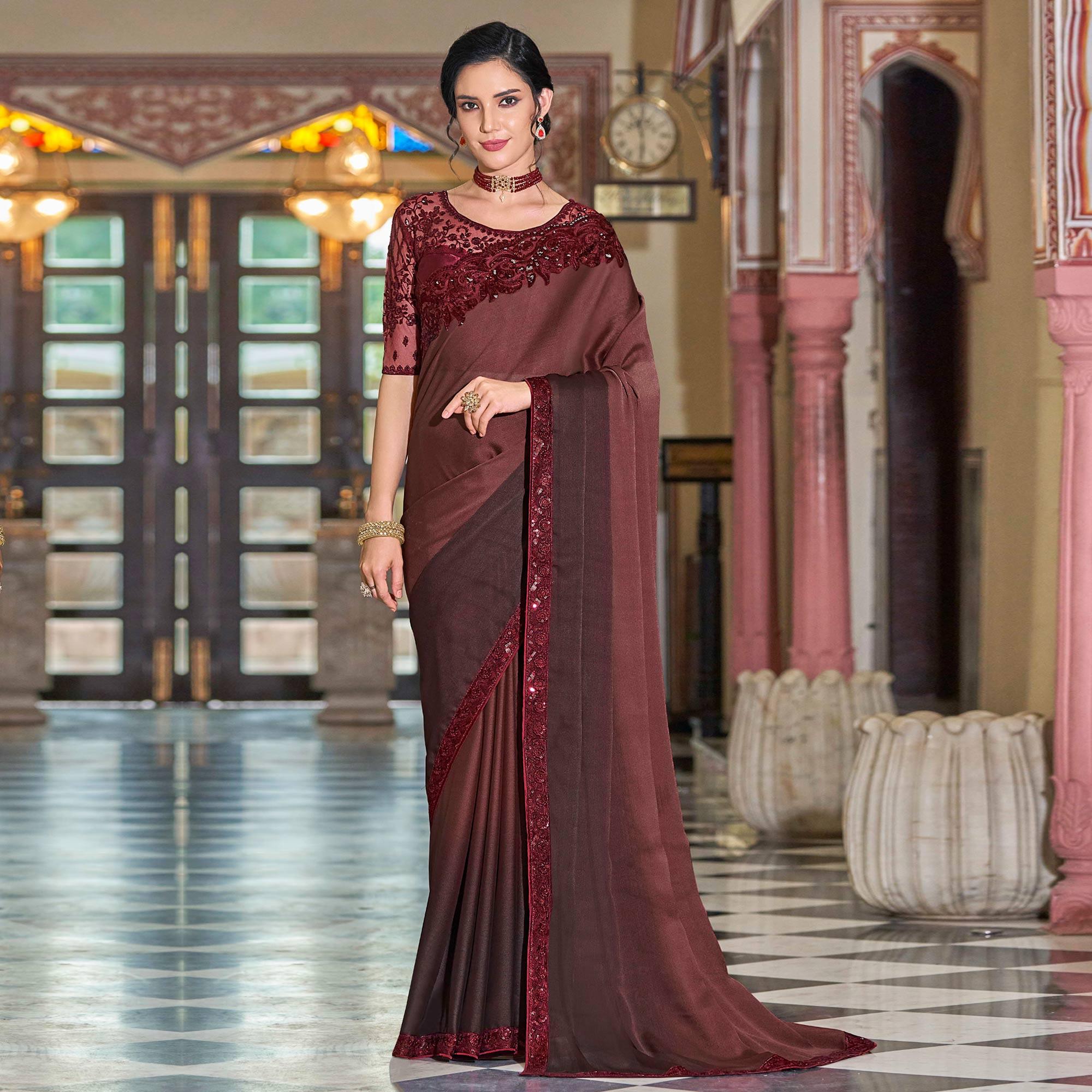 Wine Floral Sequence Embroidered Art Silk Saree - Peachmode