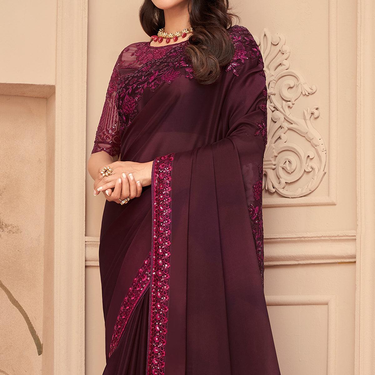 Wine Floral Sequence Embroidered Art Silk Saree - Peachmode