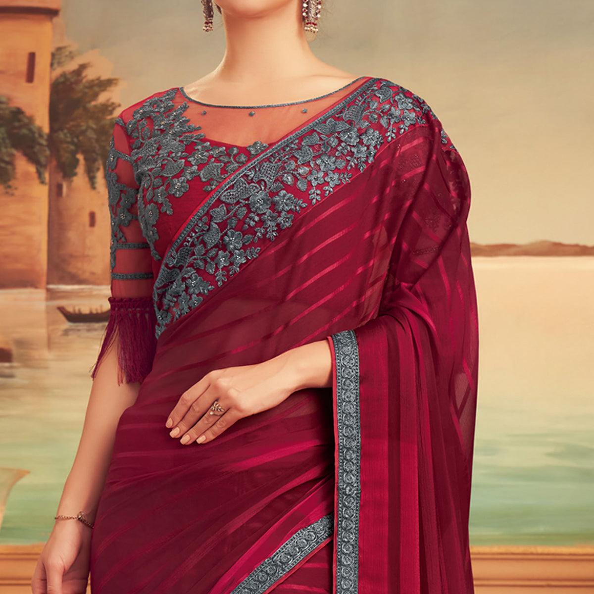 Wine Floral Sequence Embroidered Art Silk Saree - Peachmode