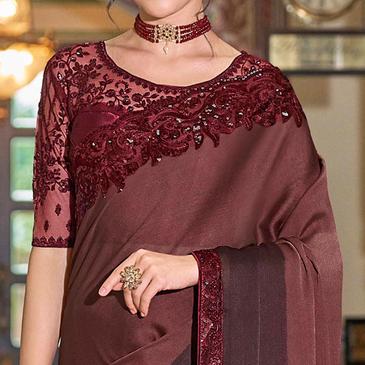 Wine Floral Sequence Embroidered Art Silk Saree - Peachmode