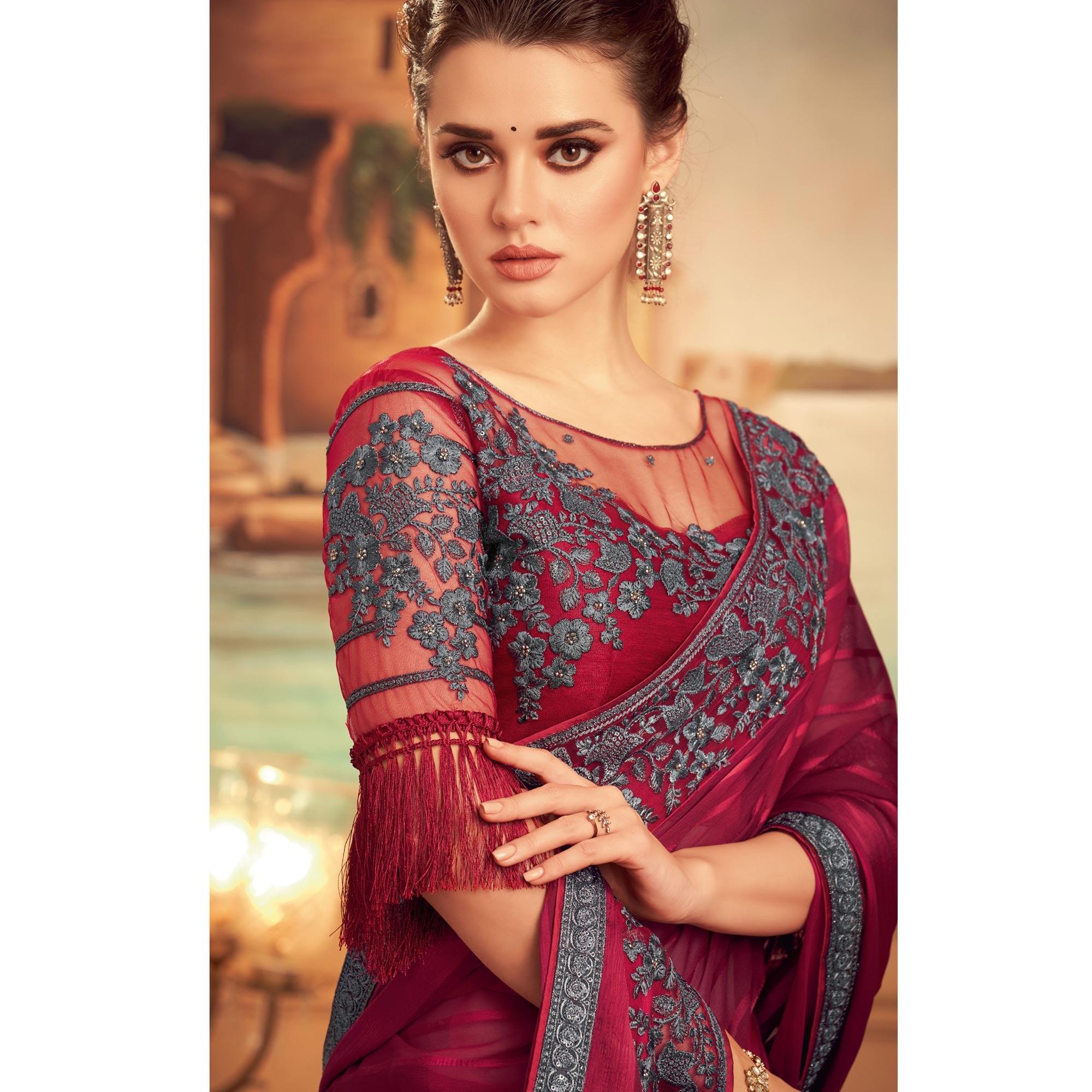 Wine Floral Sequence Embroidered Art Silk Saree - Peachmode