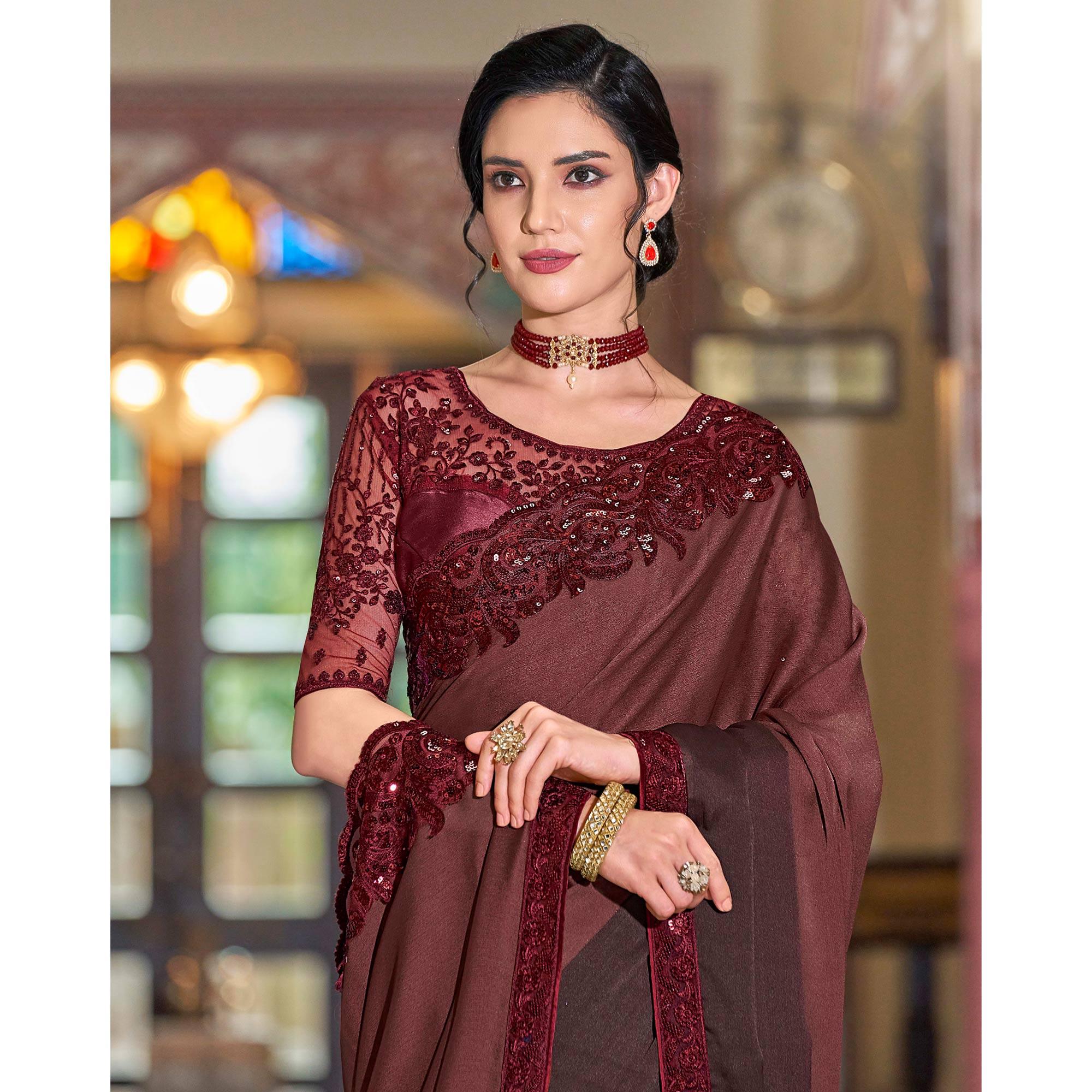 Wine Floral Sequence Embroidered Art Silk Saree - Peachmode