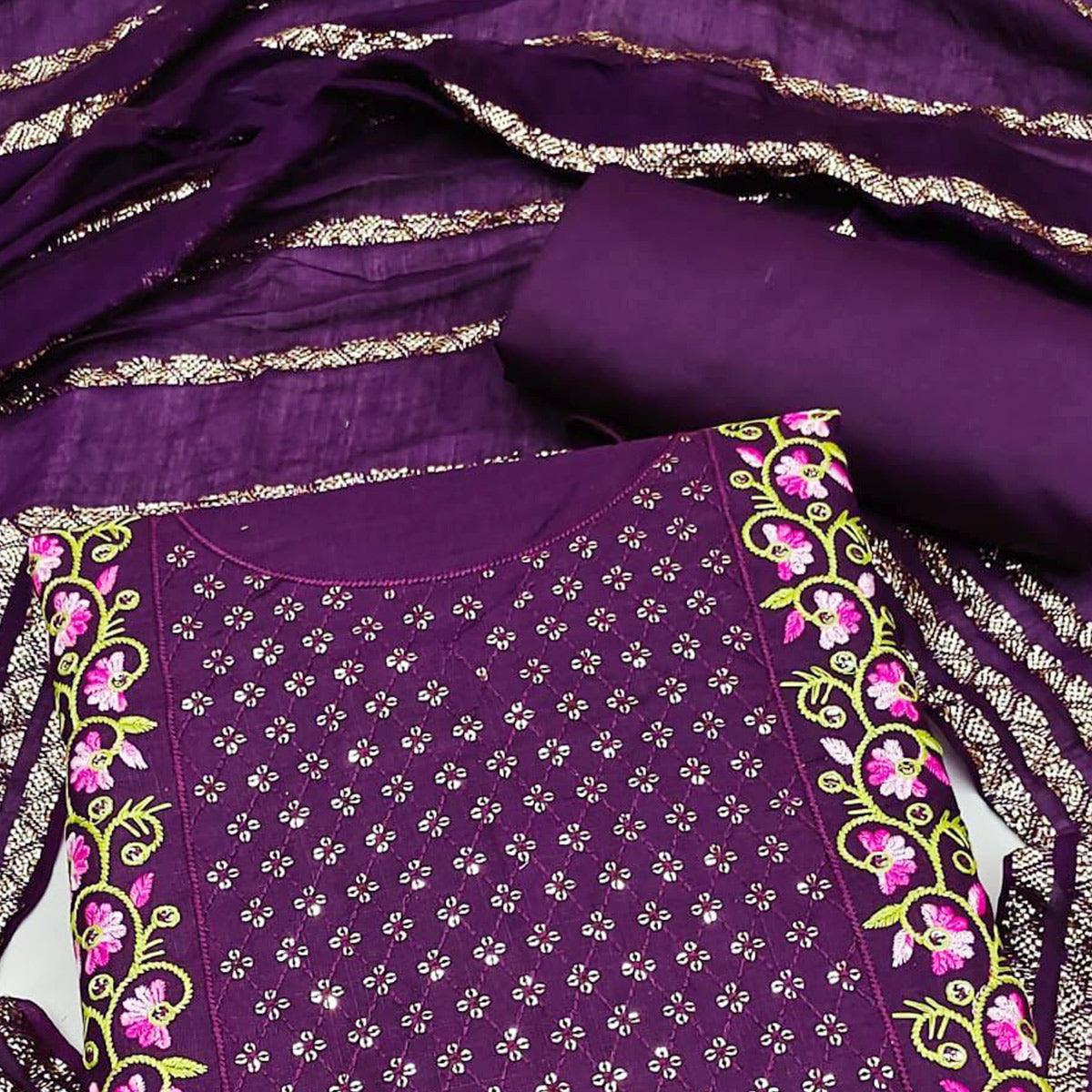 Wine Floral Sequence Embroidered Cotton Blend Dress Material - Peachmode