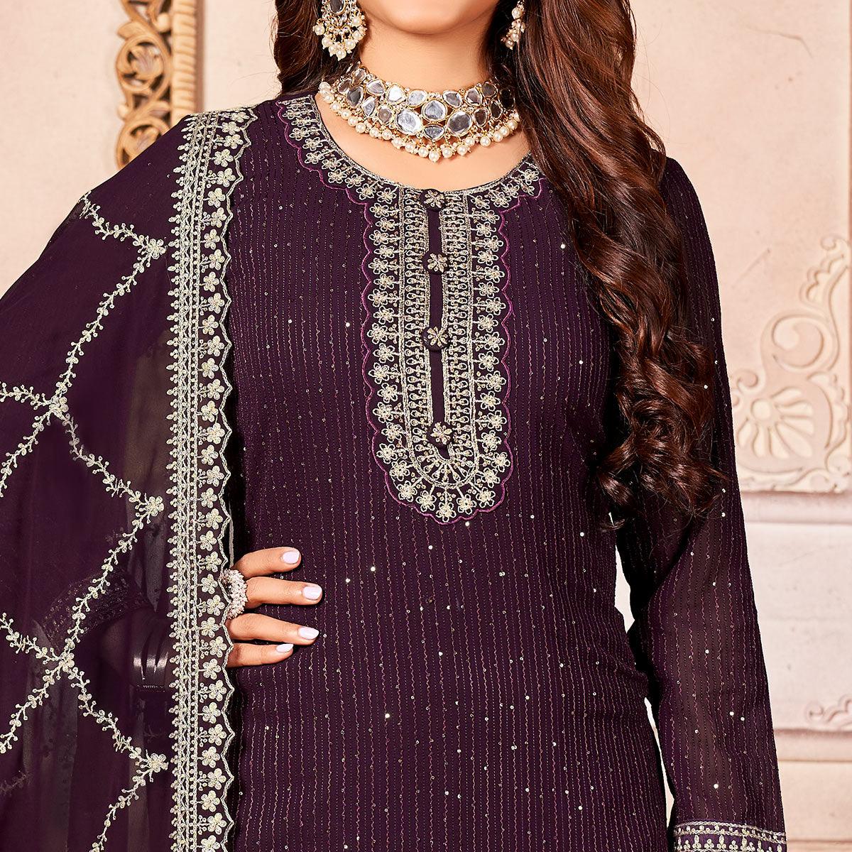 Wine Floral Sequence Embroidered Georgette Salwar Suit - Peachmode