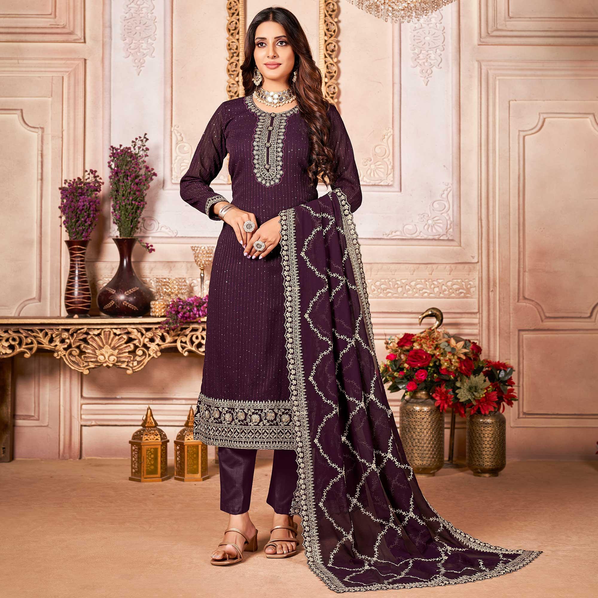 Wine Floral Sequence Embroidered Georgette Salwar Suit - Peachmode