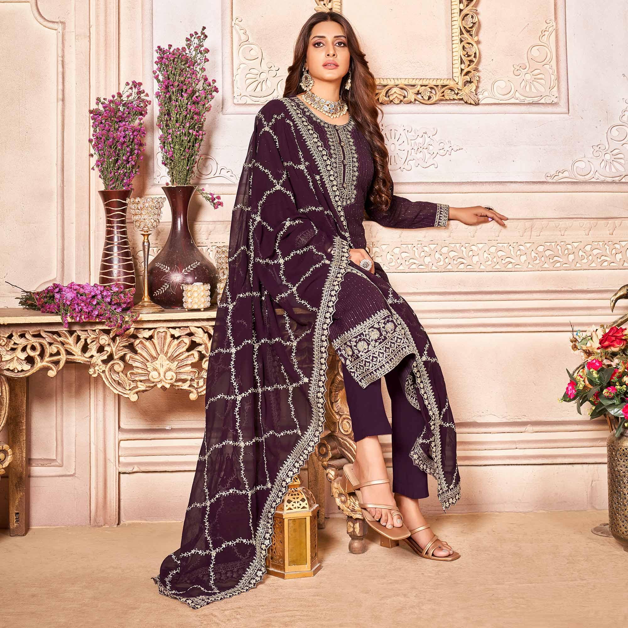 Wine Floral Sequence Embroidered Georgette Salwar Suit - Peachmode