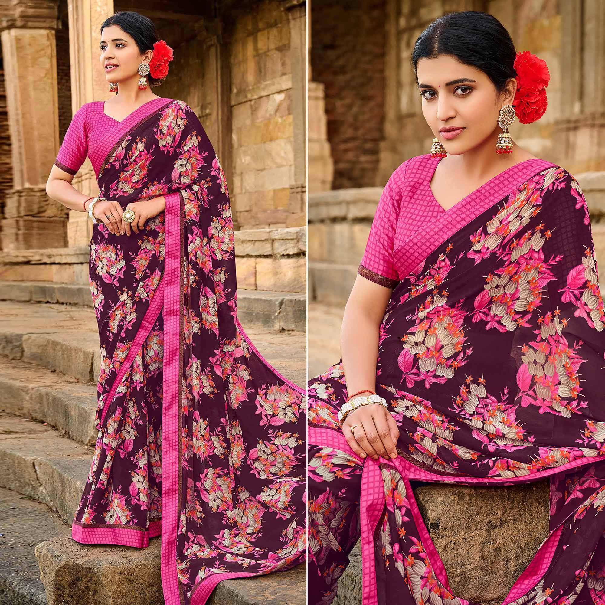 Wine Foil Printed Georgette Saree - Peachmode