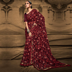 Wine Foil Printed Georgette Saree - Peachmode