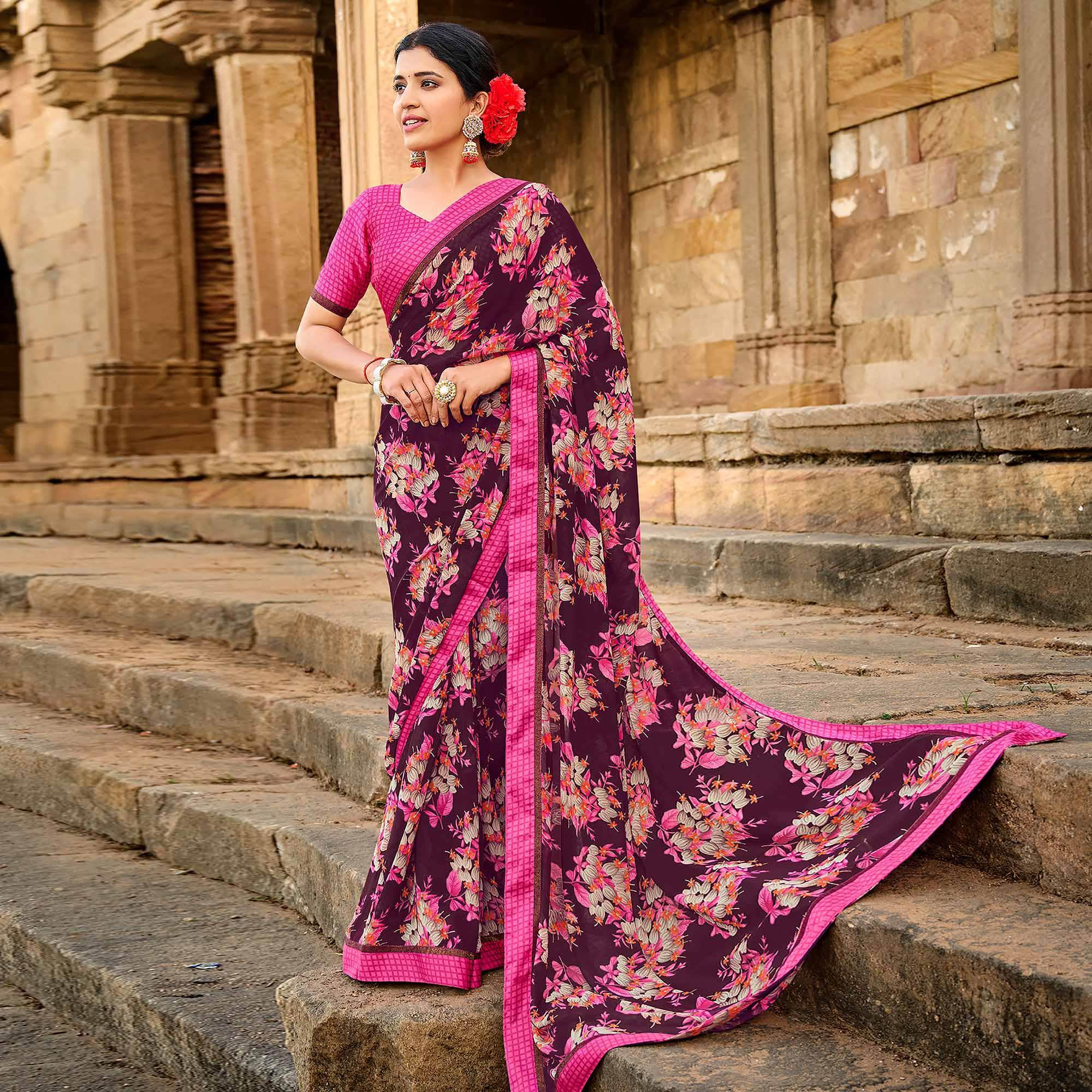 Wine Foil Printed Georgette Saree - Peachmode