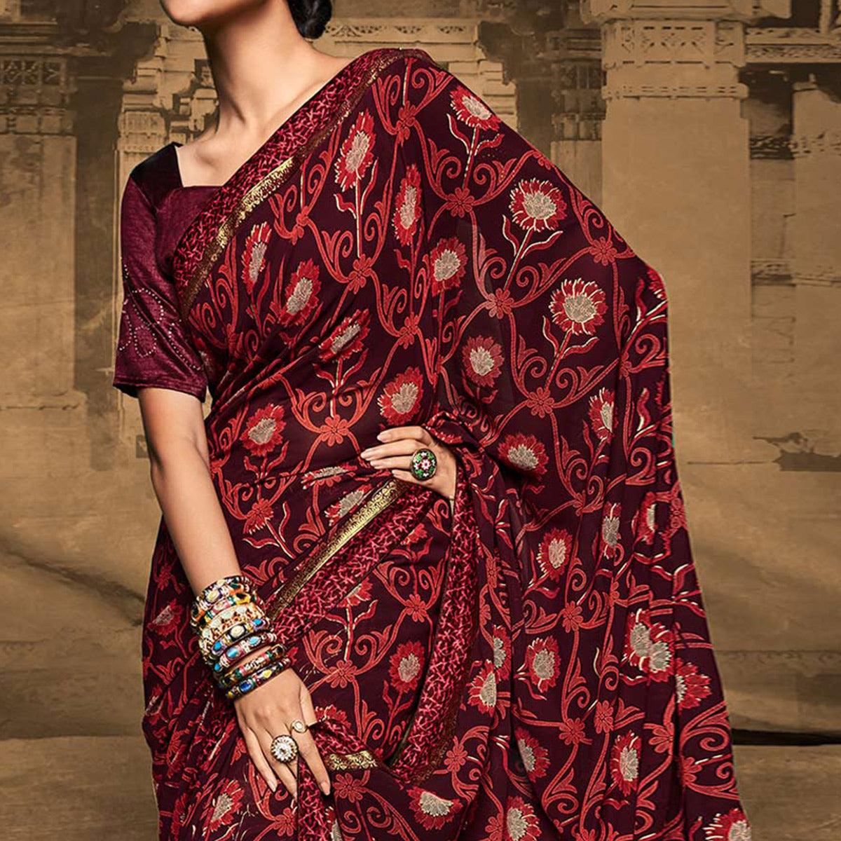 Wine Foil Printed Georgette Saree - Peachmode