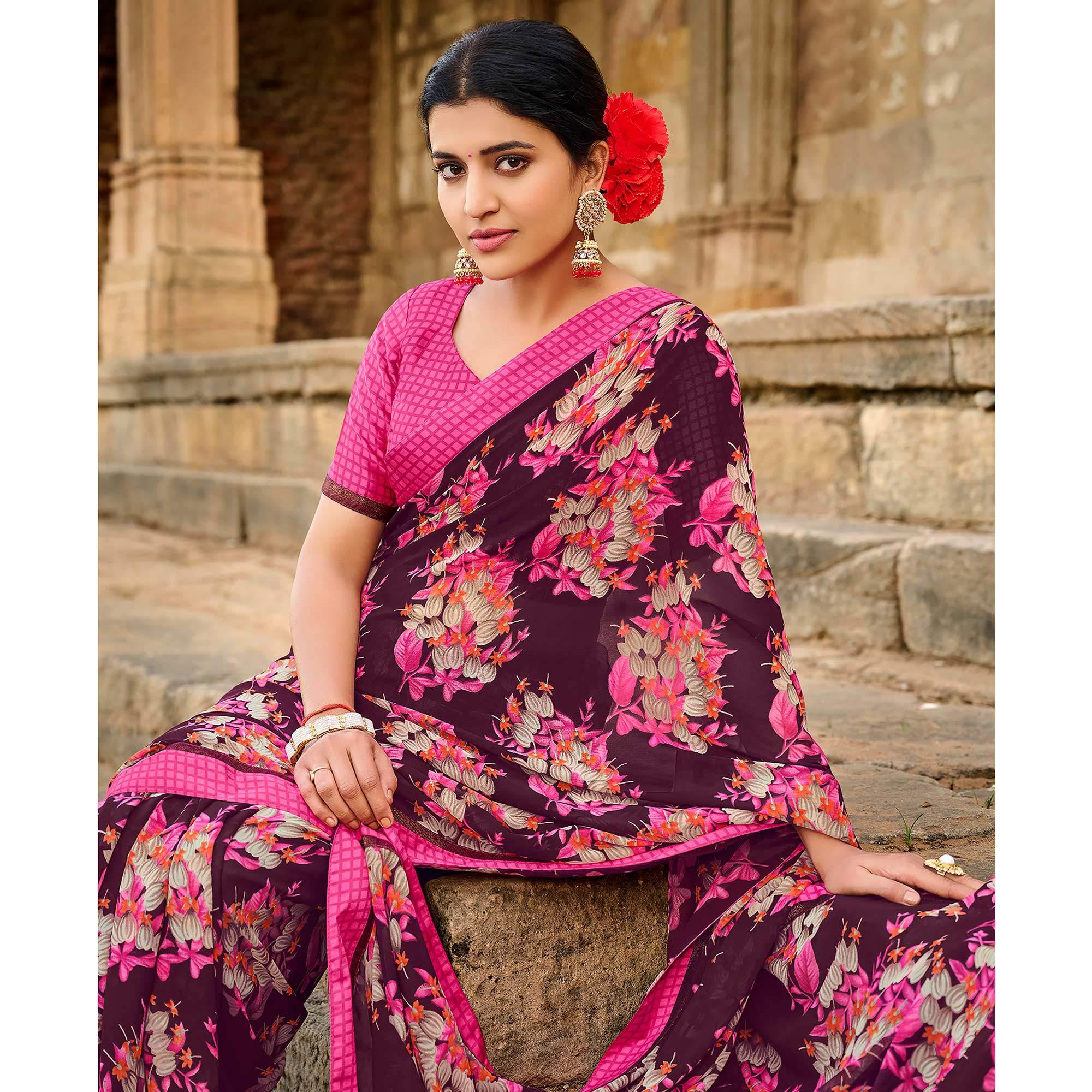 Wine Foil Printed Georgette Saree - Peachmode