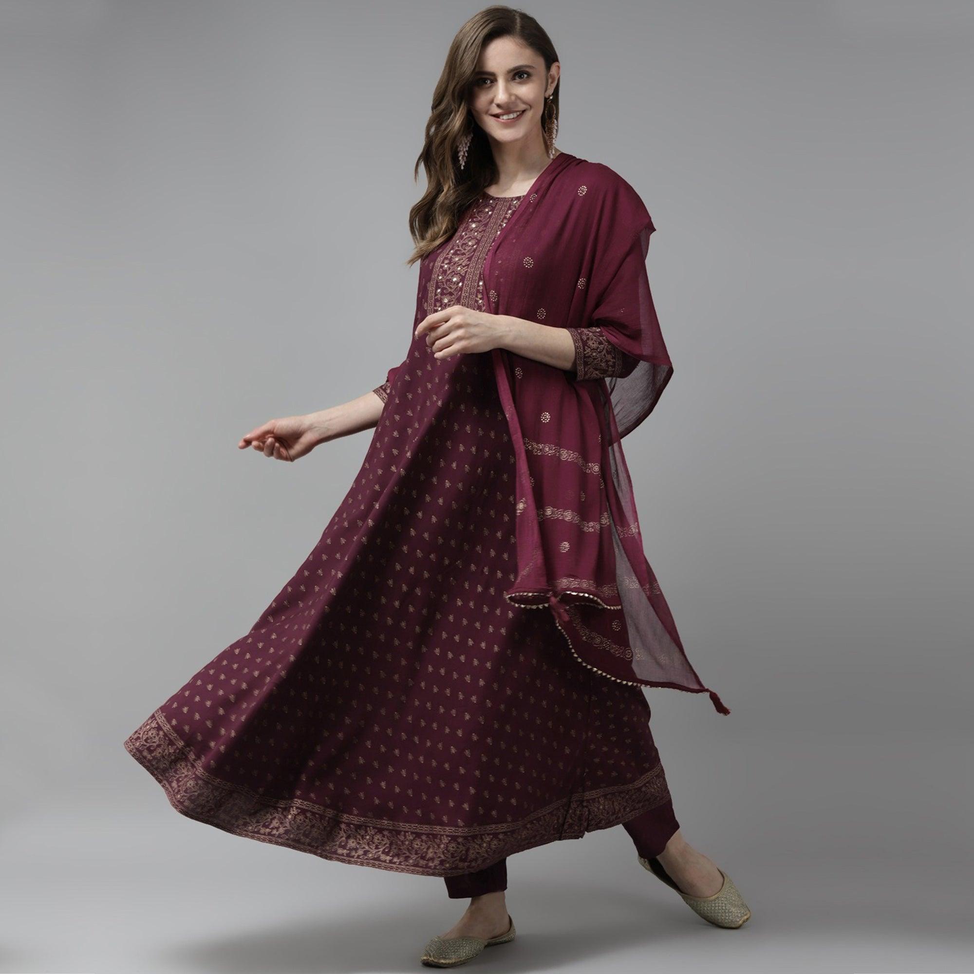 Wine Foil Printed Rayon Anarkali Suit - Peachmode