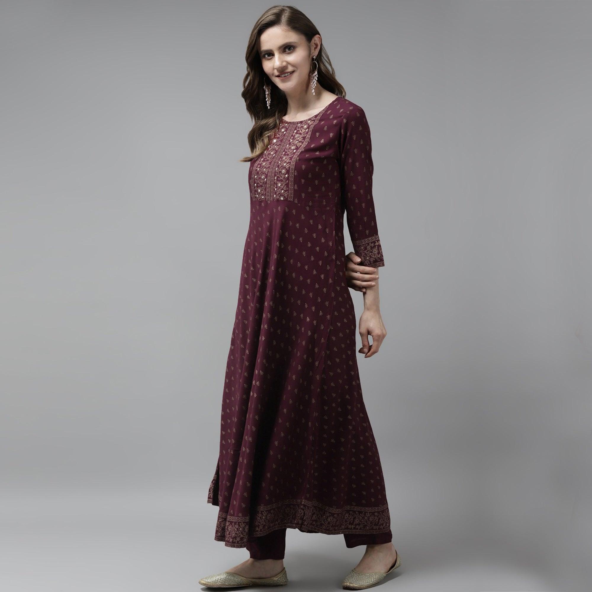 Wine Foil Printed Rayon Anarkali Suit - Peachmode