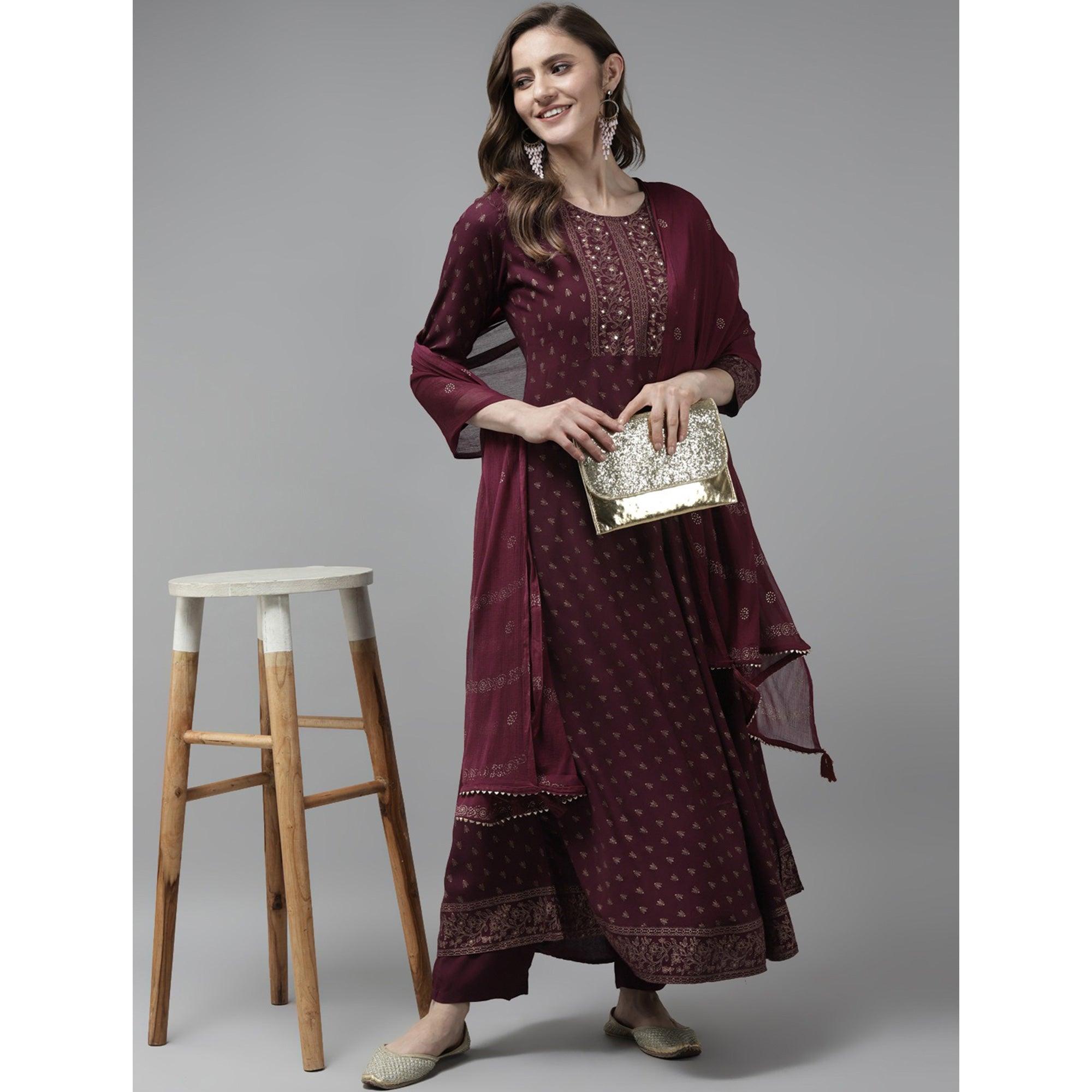 Wine Foil Printed Rayon Anarkali Suit - Peachmode