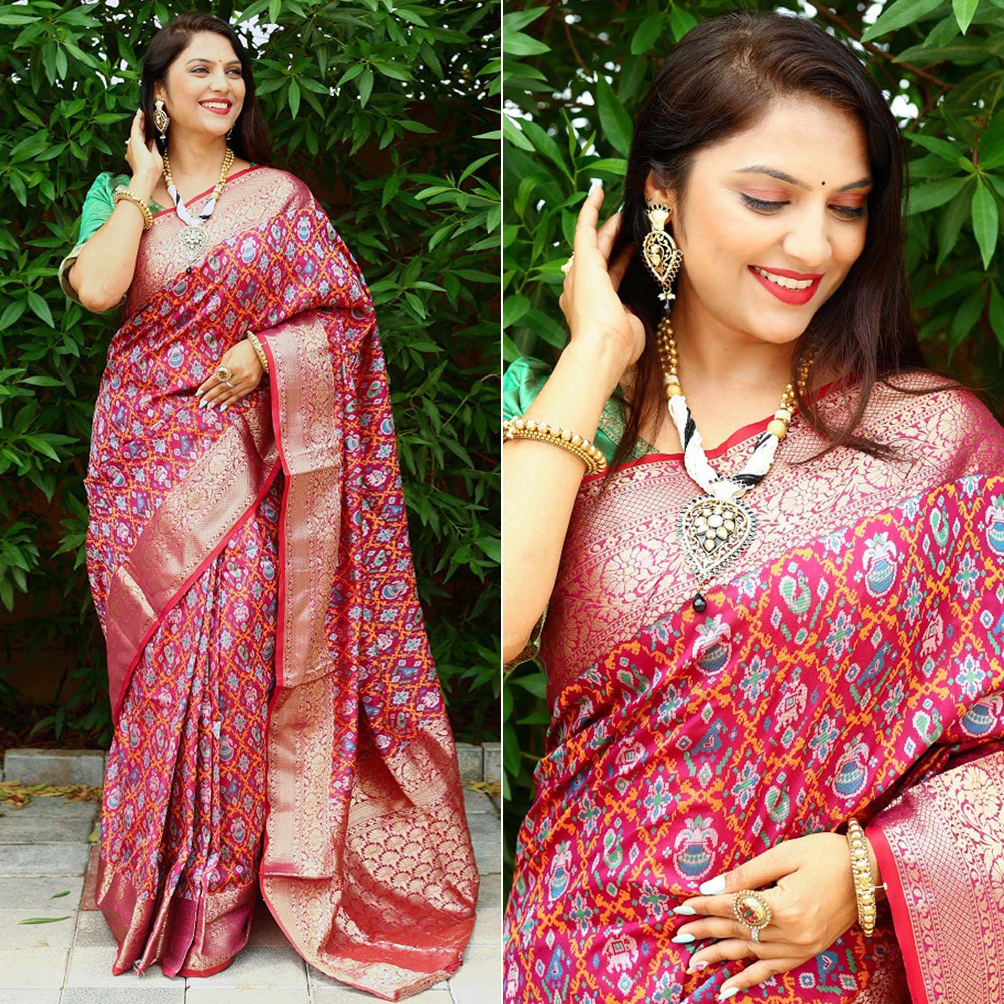 Wine Ikkat Printed Art Silk Saree - Peachmode