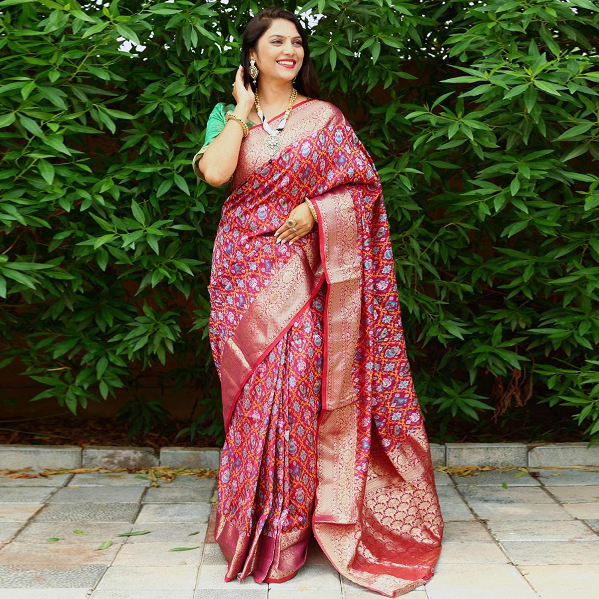 Wine Ikkat Printed Art Silk Saree - Peachmode