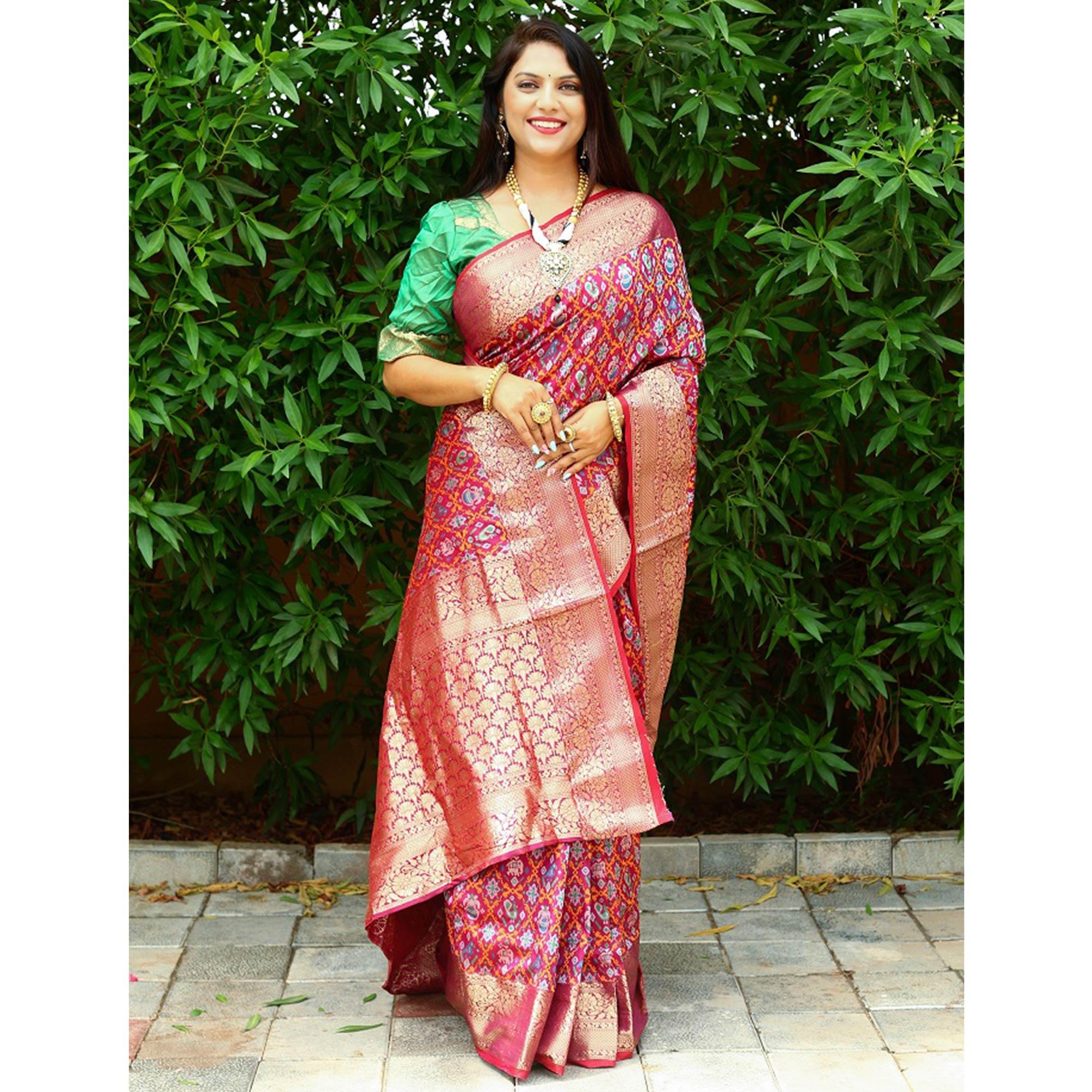 Wine Ikkat Printed Art Silk Saree - Peachmode