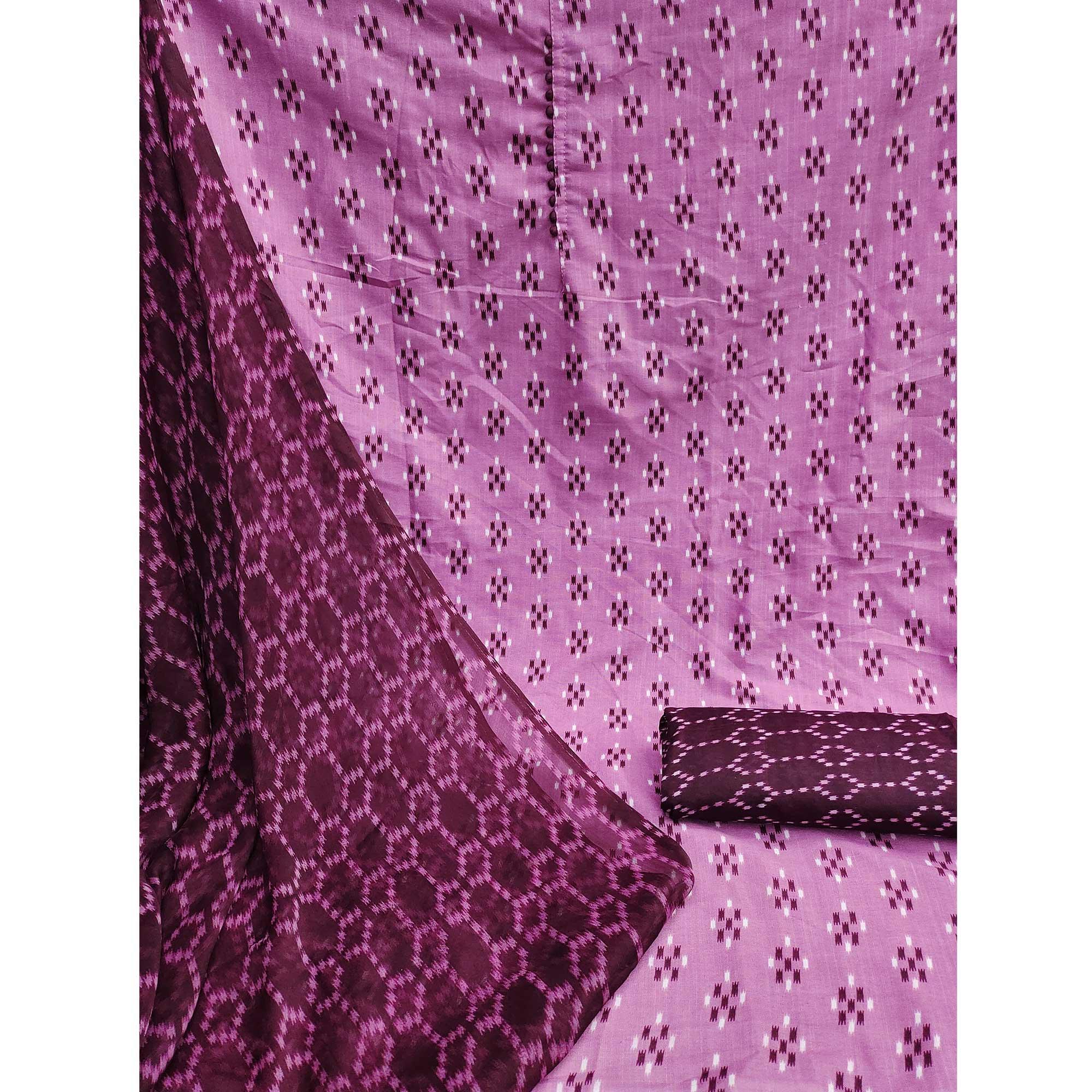 Wine Ikkat Printed Poly Cotton Dress Material - Peachmode