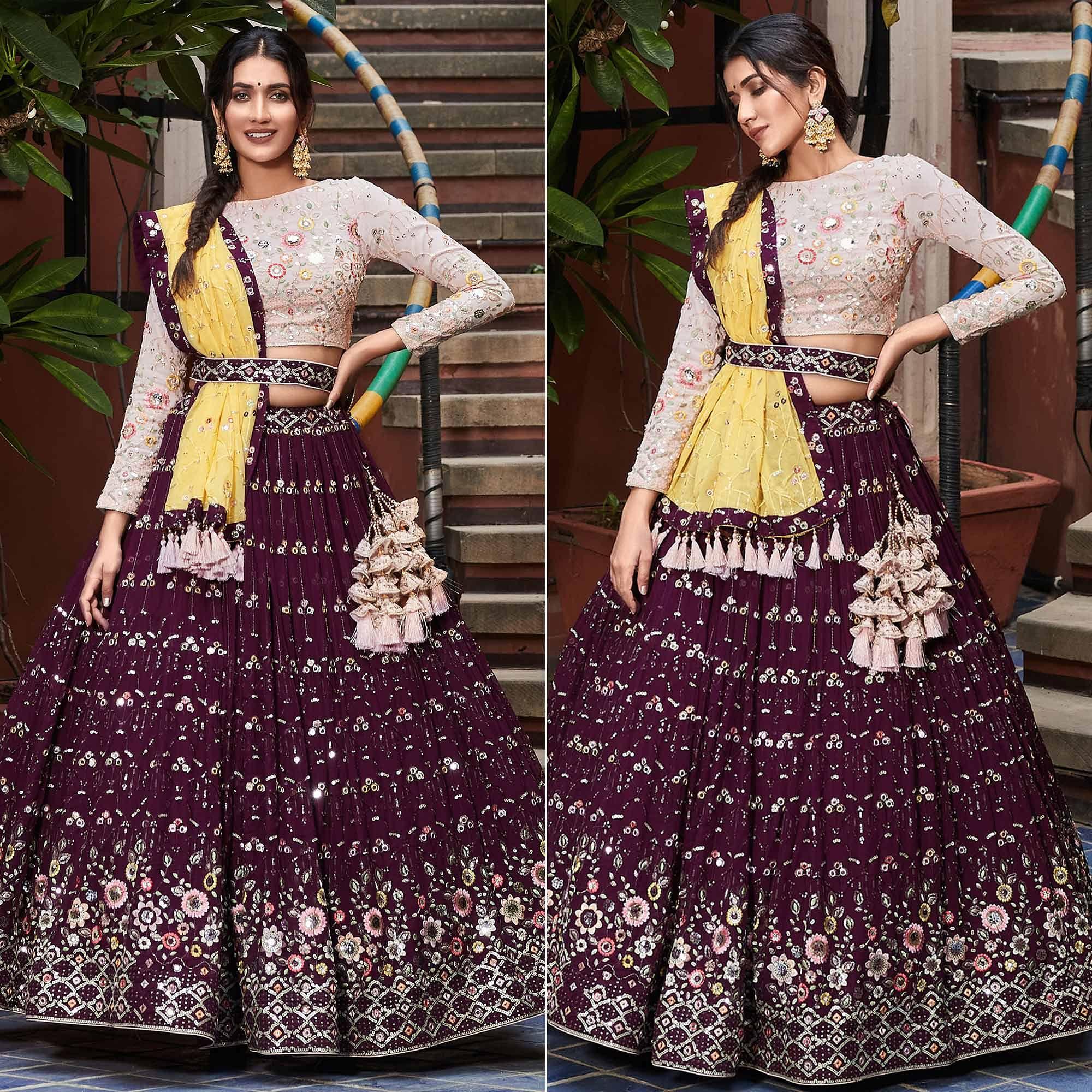 Wine Party Wear Embroidered Georgette Lehenga Choli - Peachmode