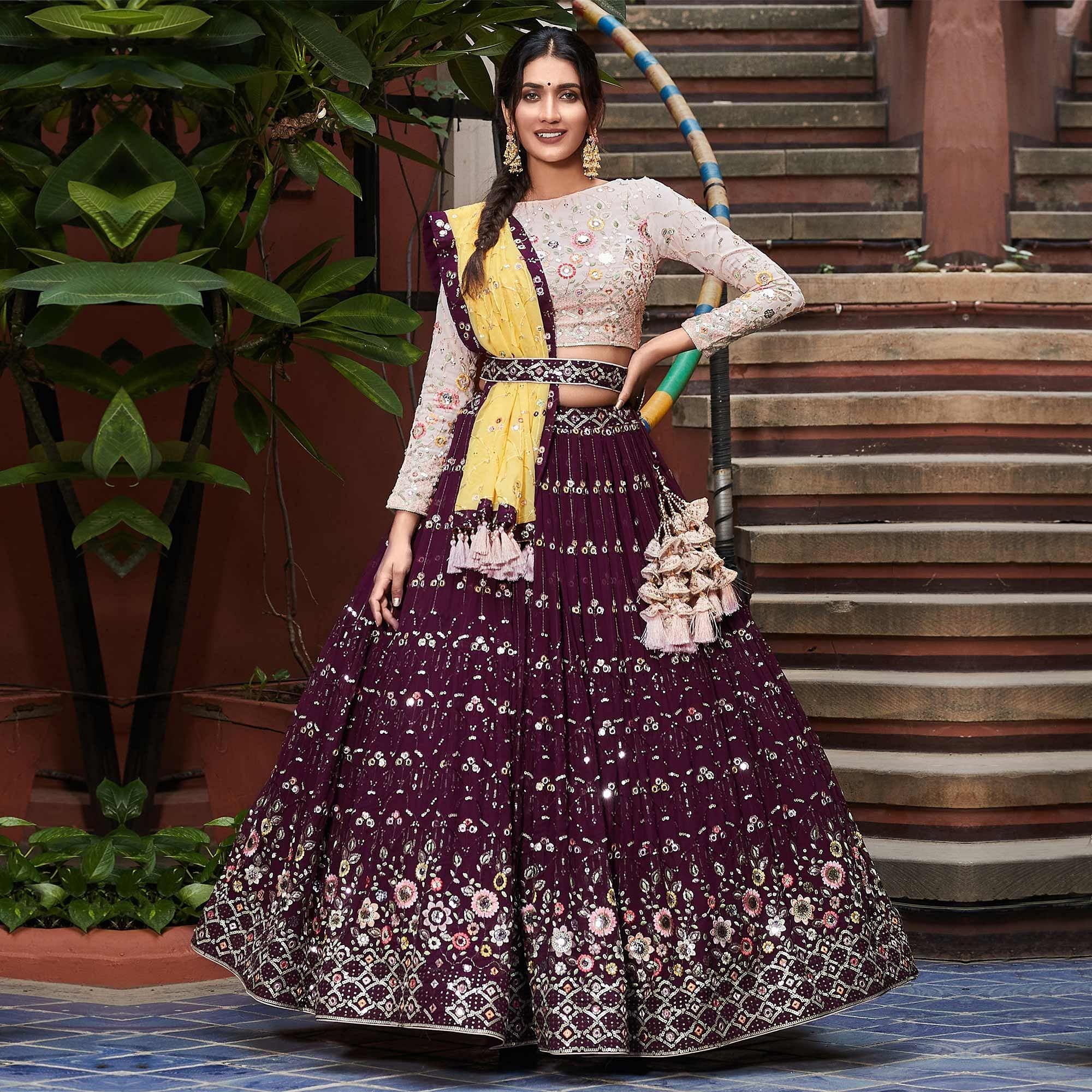Wine Party Wear Embroidered Georgette Lehenga Choli - Peachmode