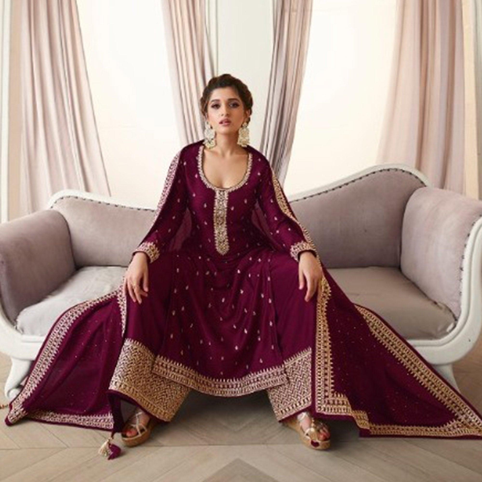 Wine Party Wear Embroidered Silk Georgette Palazzo Suit - Peachmode