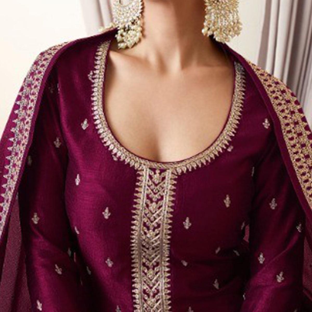 Wine Party Wear Embroidered Silk Georgette Palazzo Suit - Peachmode