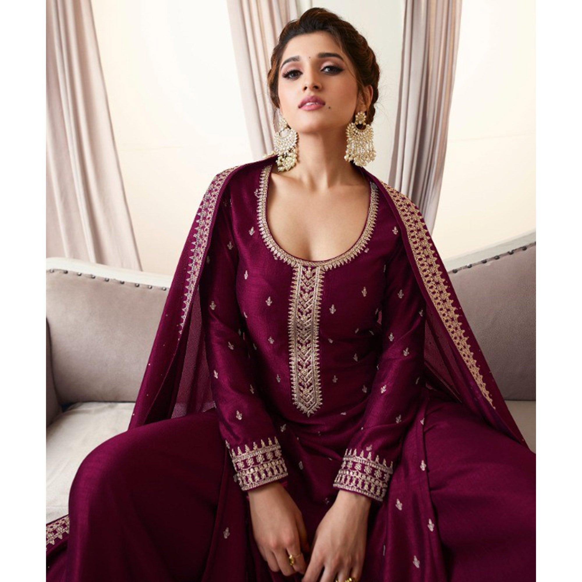 Wine Party Wear Embroidered Silk Georgette Palazzo Suit - Peachmode