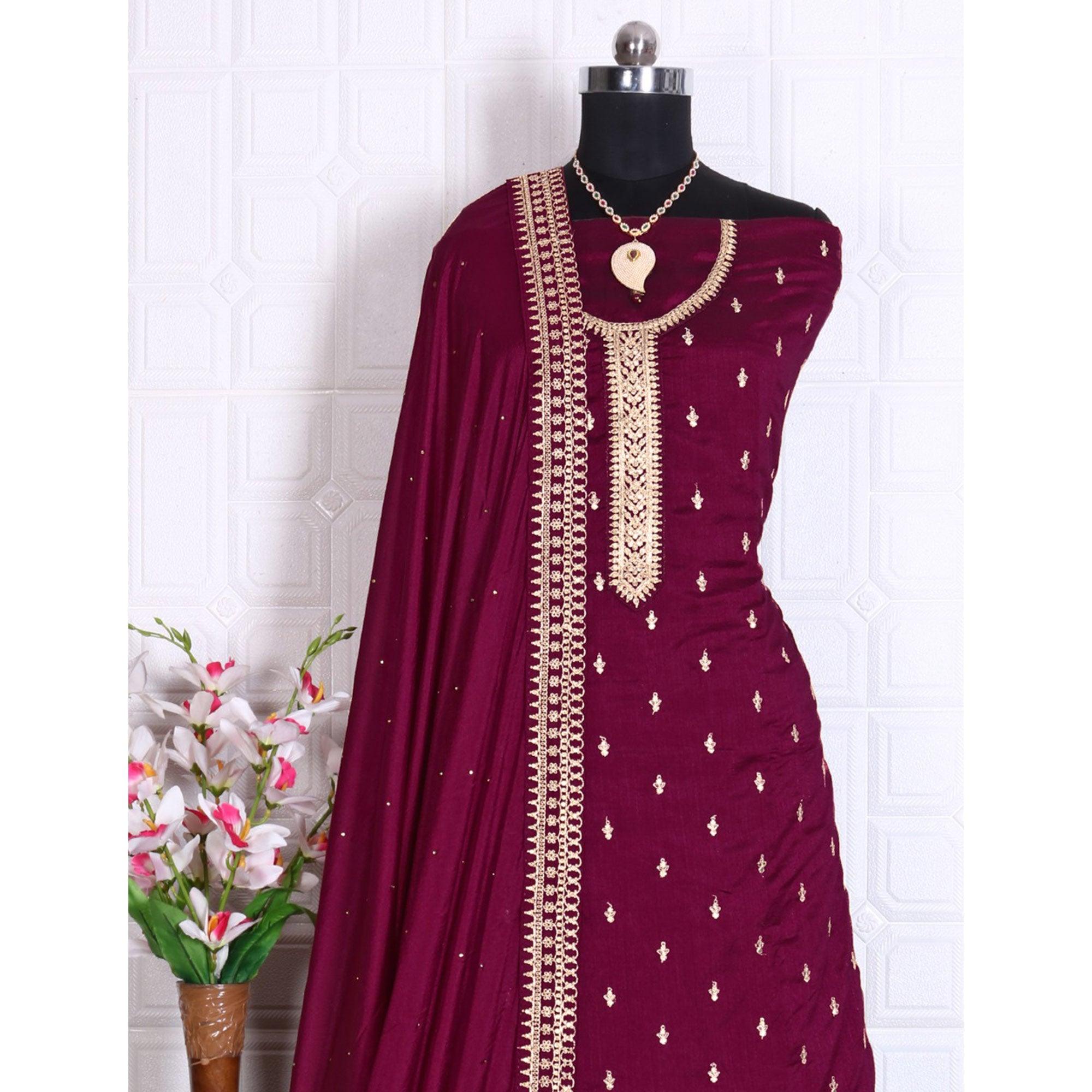 Wine Party Wear Embroidered Silk Georgette Palazzo Suit - Peachmode