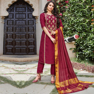 Wine Party wear Embroidered Silk Suit - Peachmode
