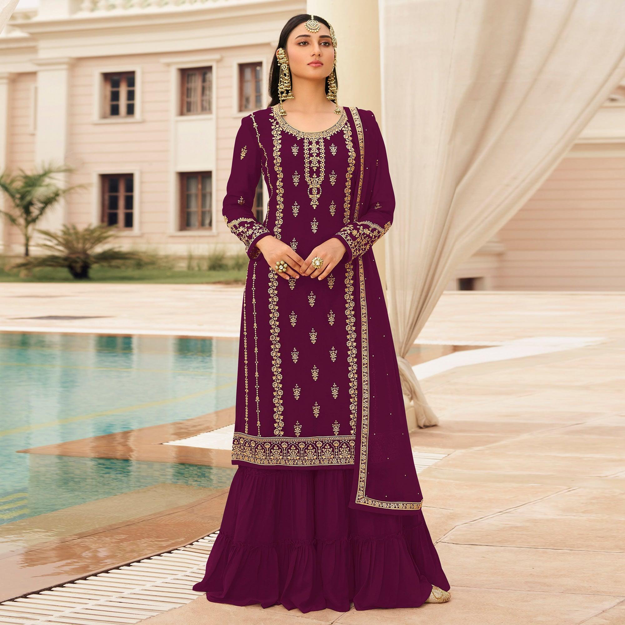 Wine Partywear Designer Embroidered With Sequence Georgette Palazzo Suit - Peachmode