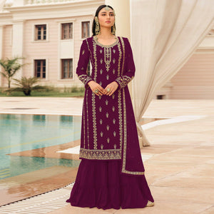 Wine Partywear Designer Embroidered With Sequence Georgette Palazzo Suit - Peachmode